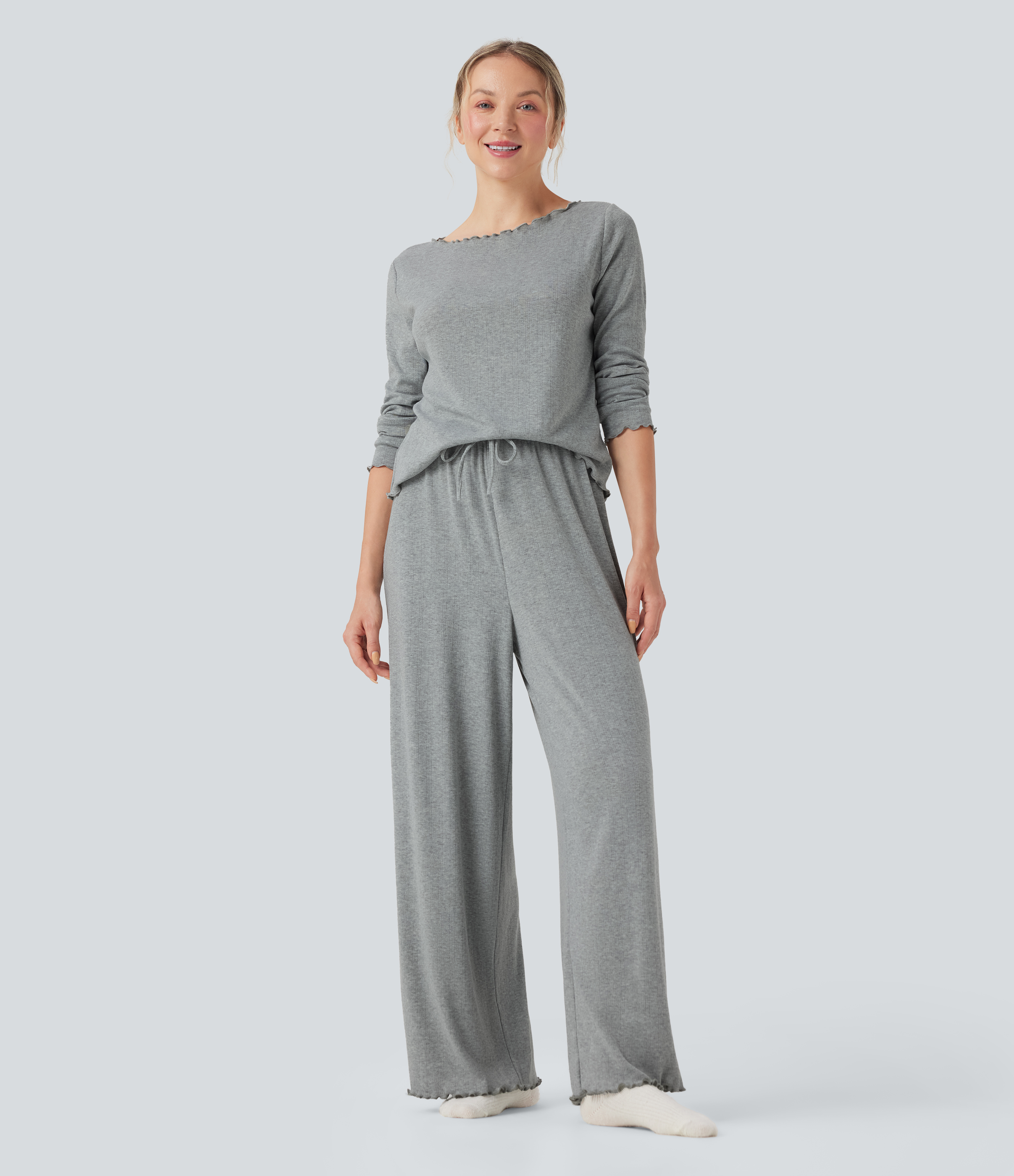 Ribbed Knit Pointelle High Waisted Drawstring Lettuce Trim Straight Leg Lounge Pants