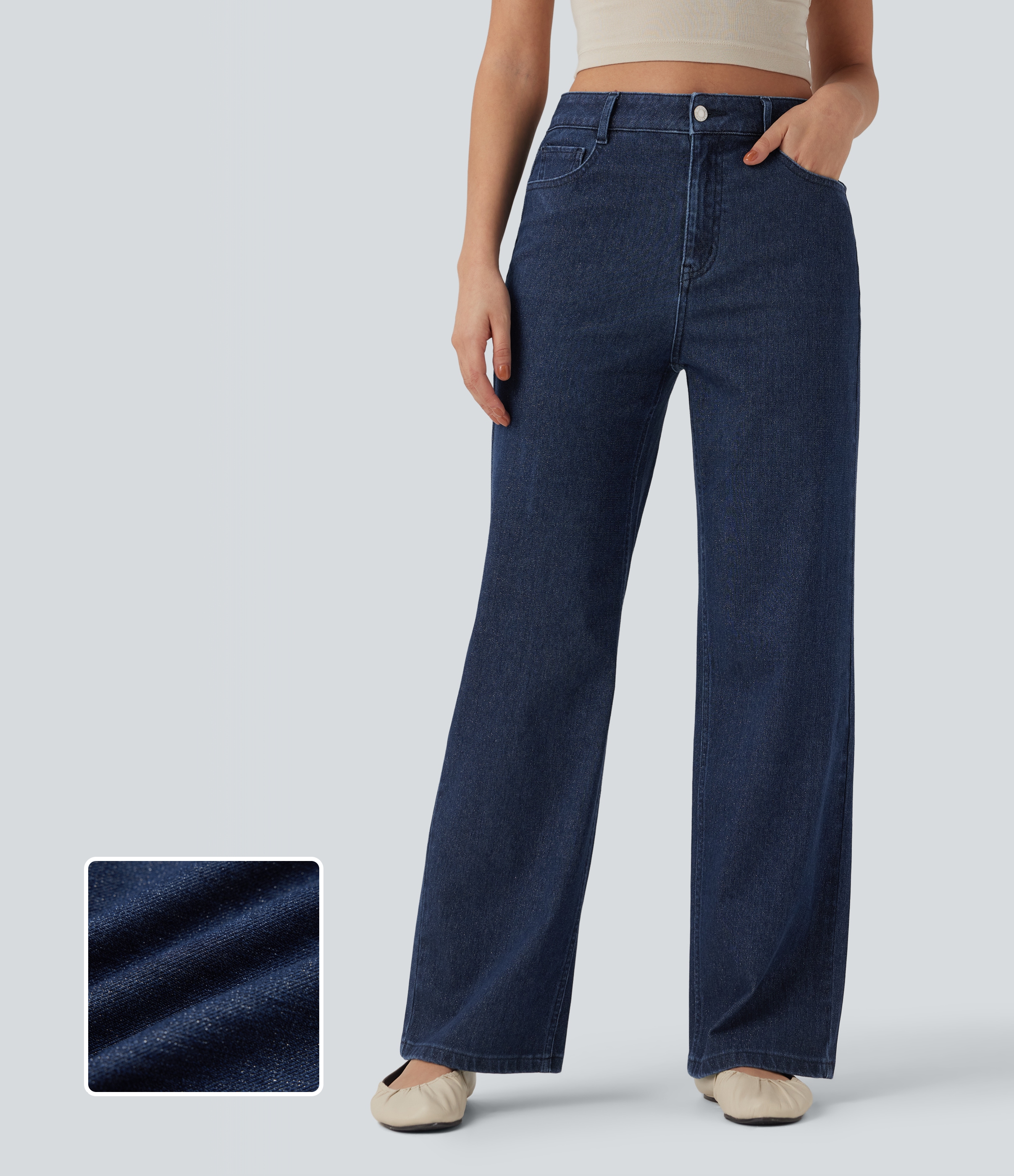 Estate Blue Denim Jeans casuales rectos Halara Flex™ metalizados de tiro alto con bolsillos / 1