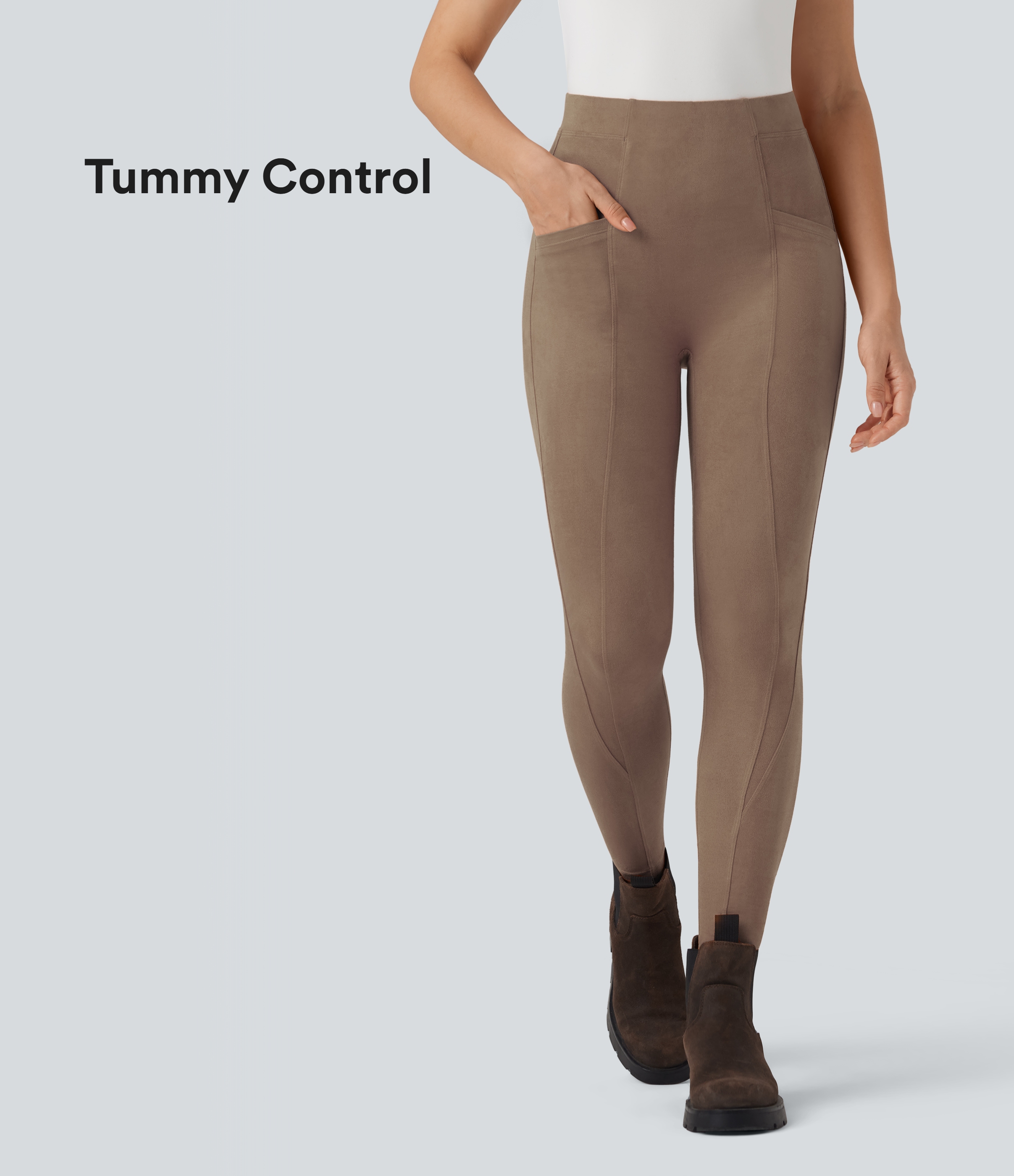 Coca Mocha Leggings casuales de ante de 7/8 con tiro alto y control de abdomen con bolsillos / 1