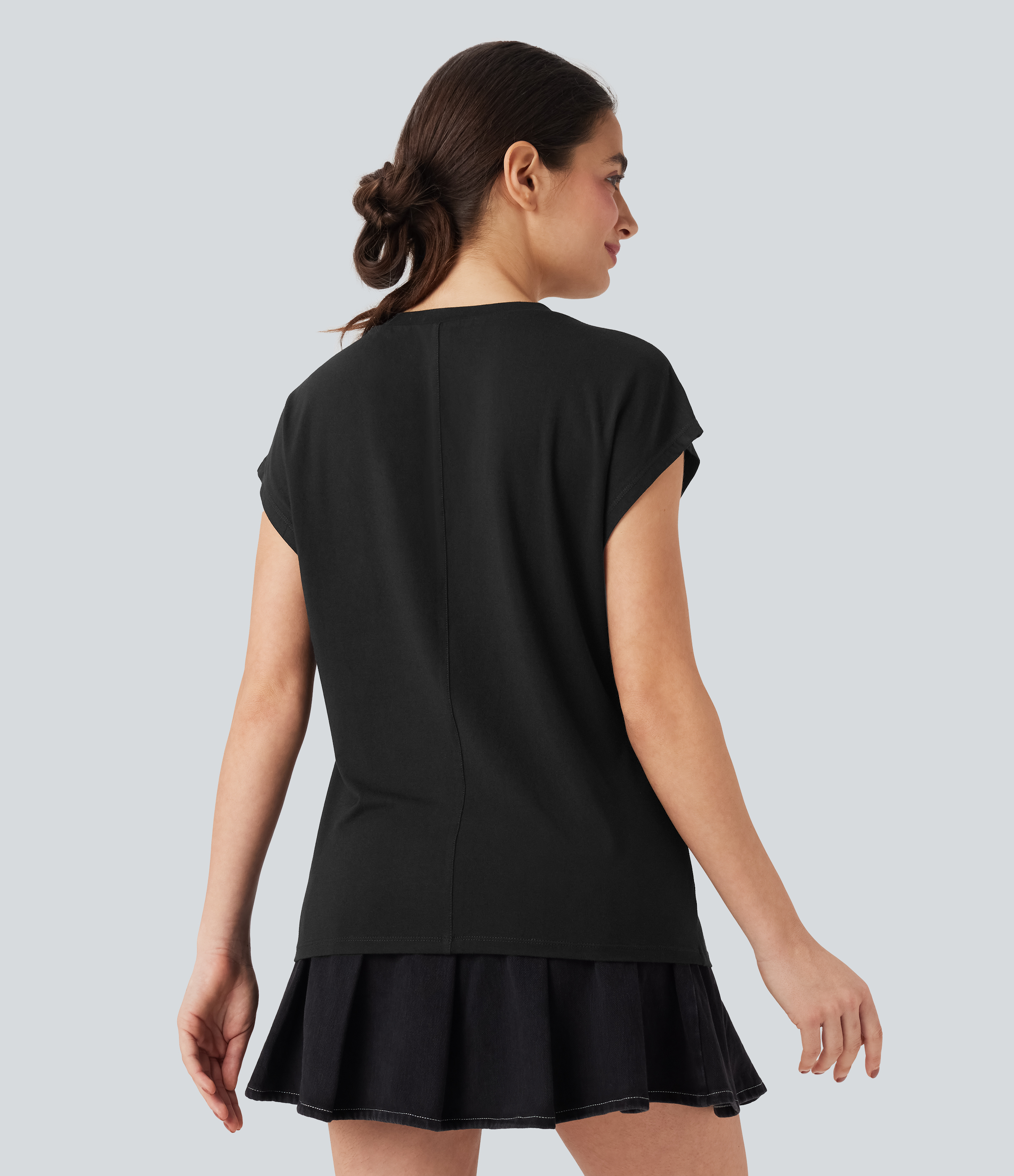 Black Round Neck Cap Sleeve Casual Top / 2
