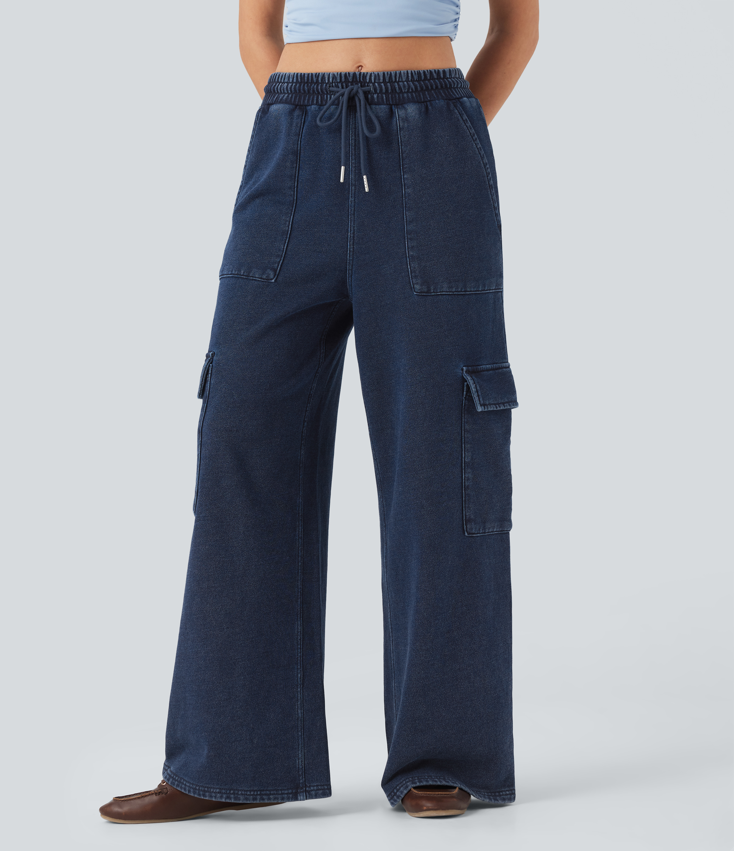 Halara Flex™ pantalon de survêtement décontracté en French terry — taille mi-haute, cordon de serrage, jambe droite, style cargo avec poches