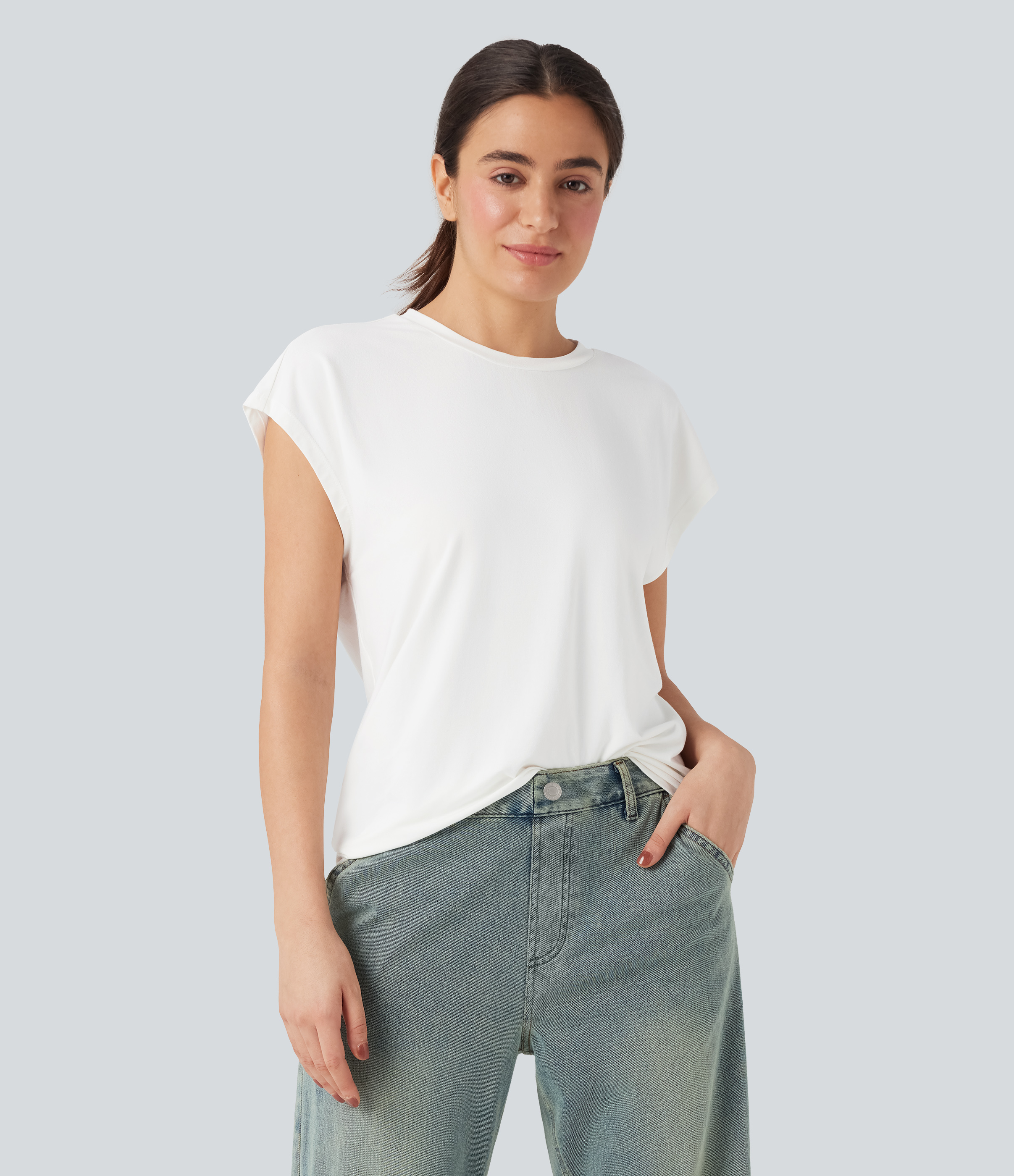 Top casual con cuello redondo con manga corta