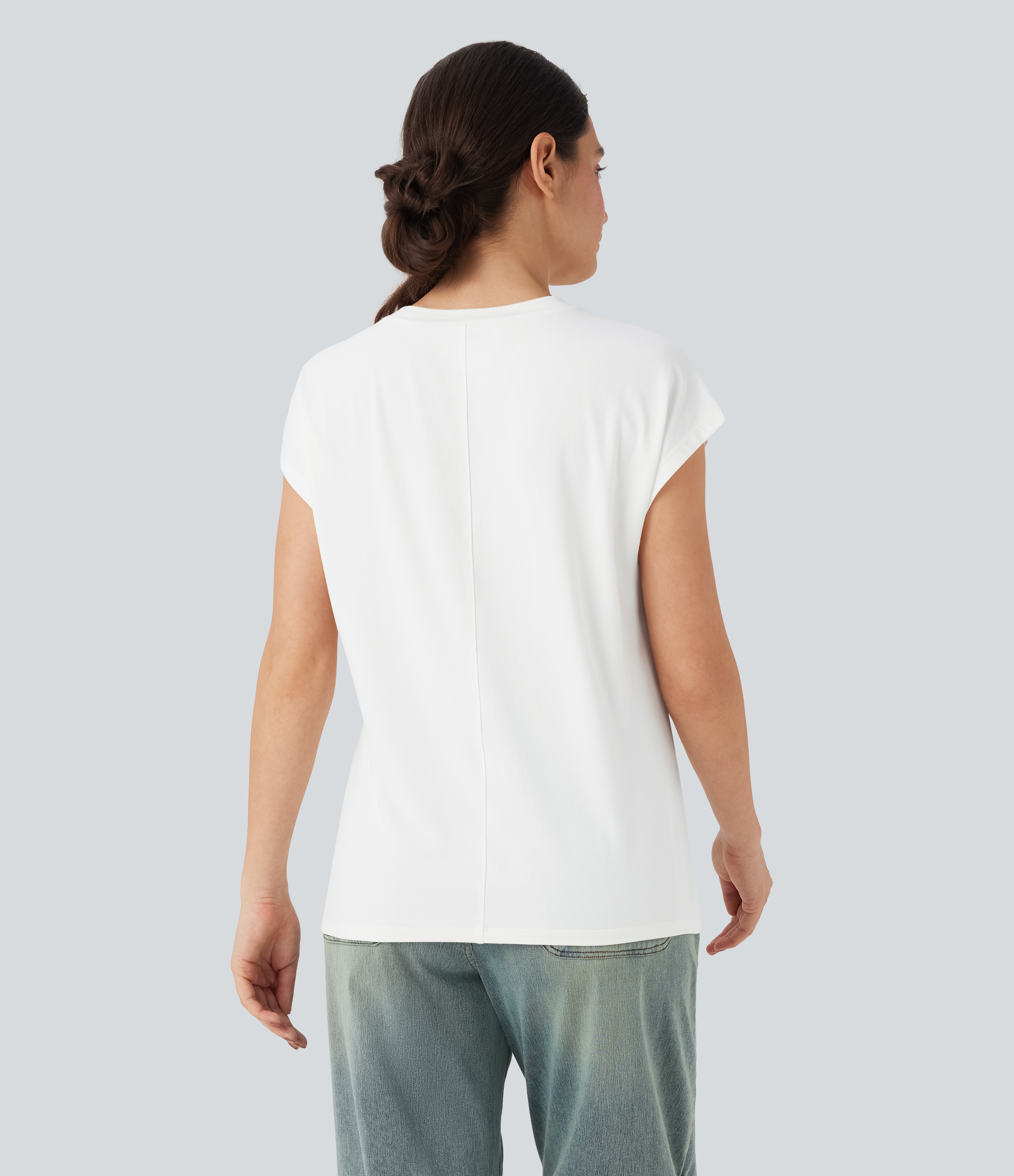 Blanco Top casual con cuello redondo con manga corta / 2