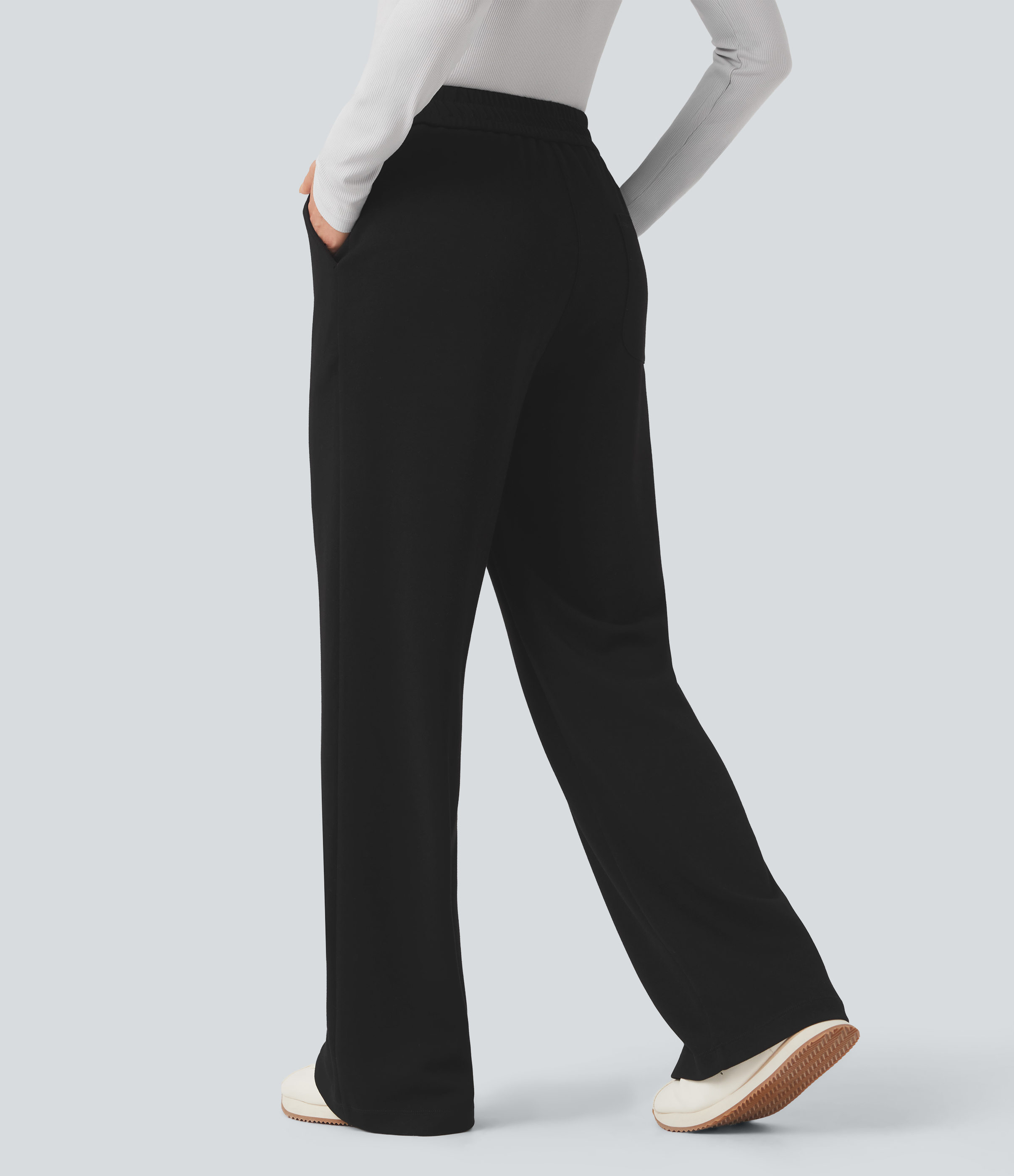 Negro Pantalones rectos de oficina de tiro alto y bolsillos / 2