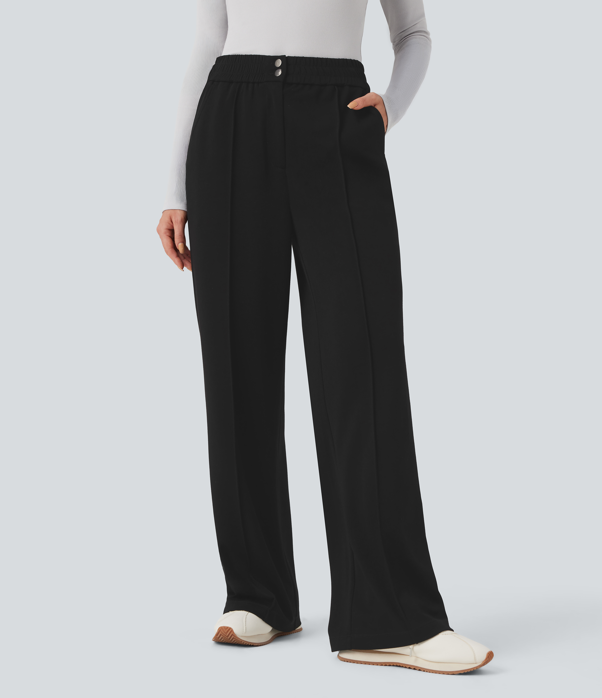 Negro Pantalones rectos de oficina de tiro alto y bolsillos / 1