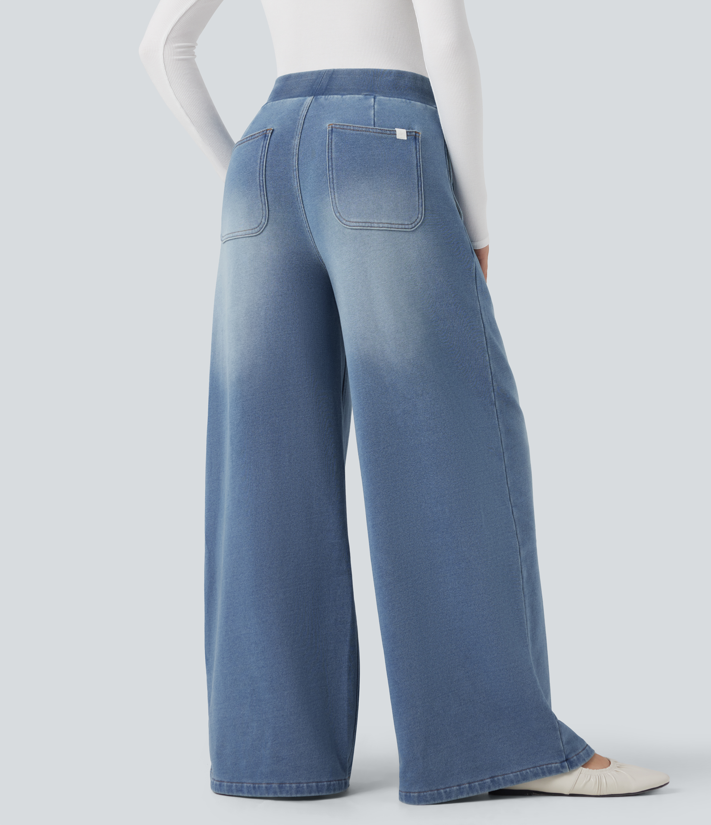 Coronet Blue Denim Jean jogging Halara Flex™ large évasé molleton français taille mi-haute avec poches / 2