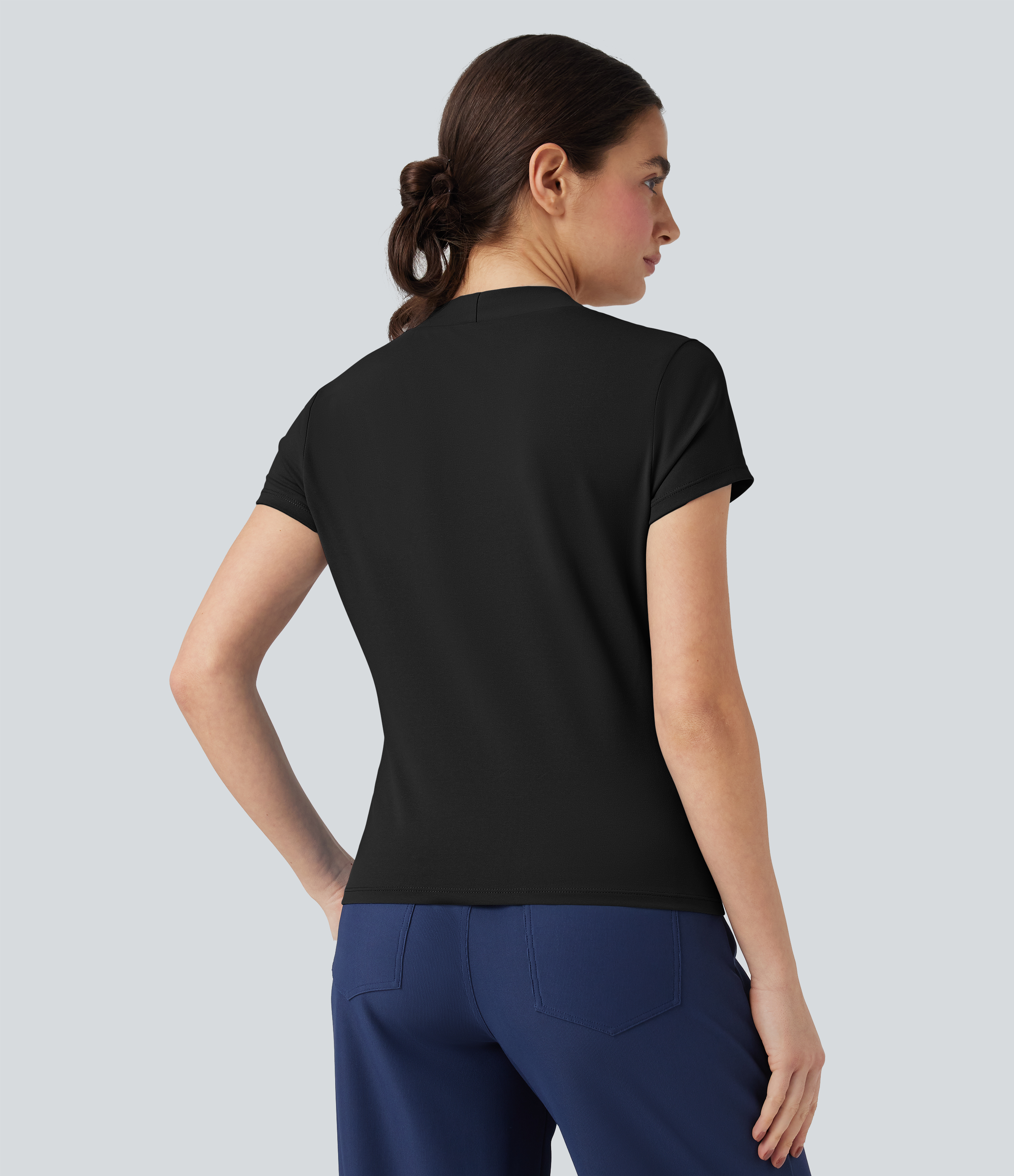 Negro Blusa de oficina de manga corta con cuello en V / 2