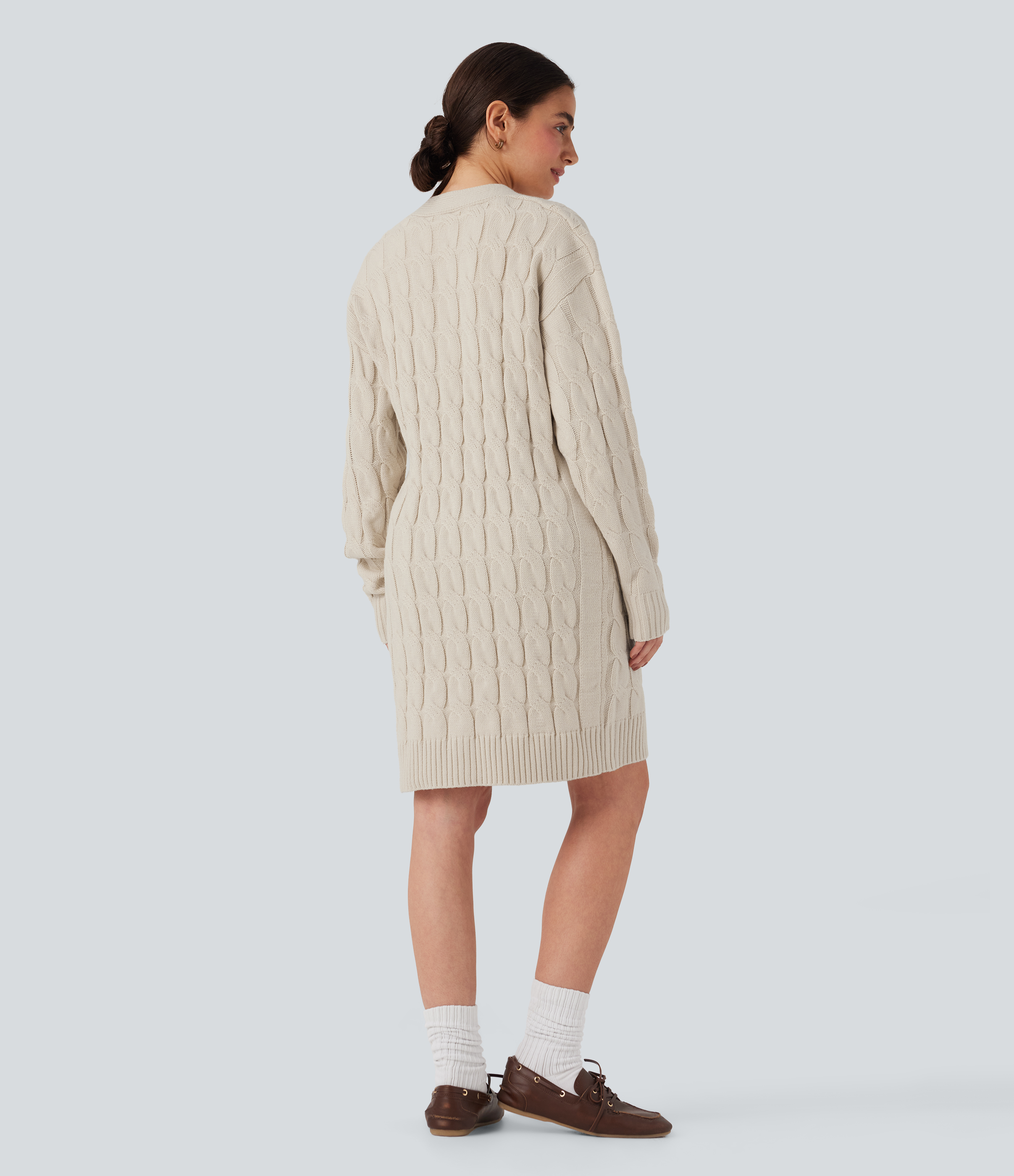 Rice Khaki Cárdigan casual de manga larga con cuello en V y bolsillos / 2