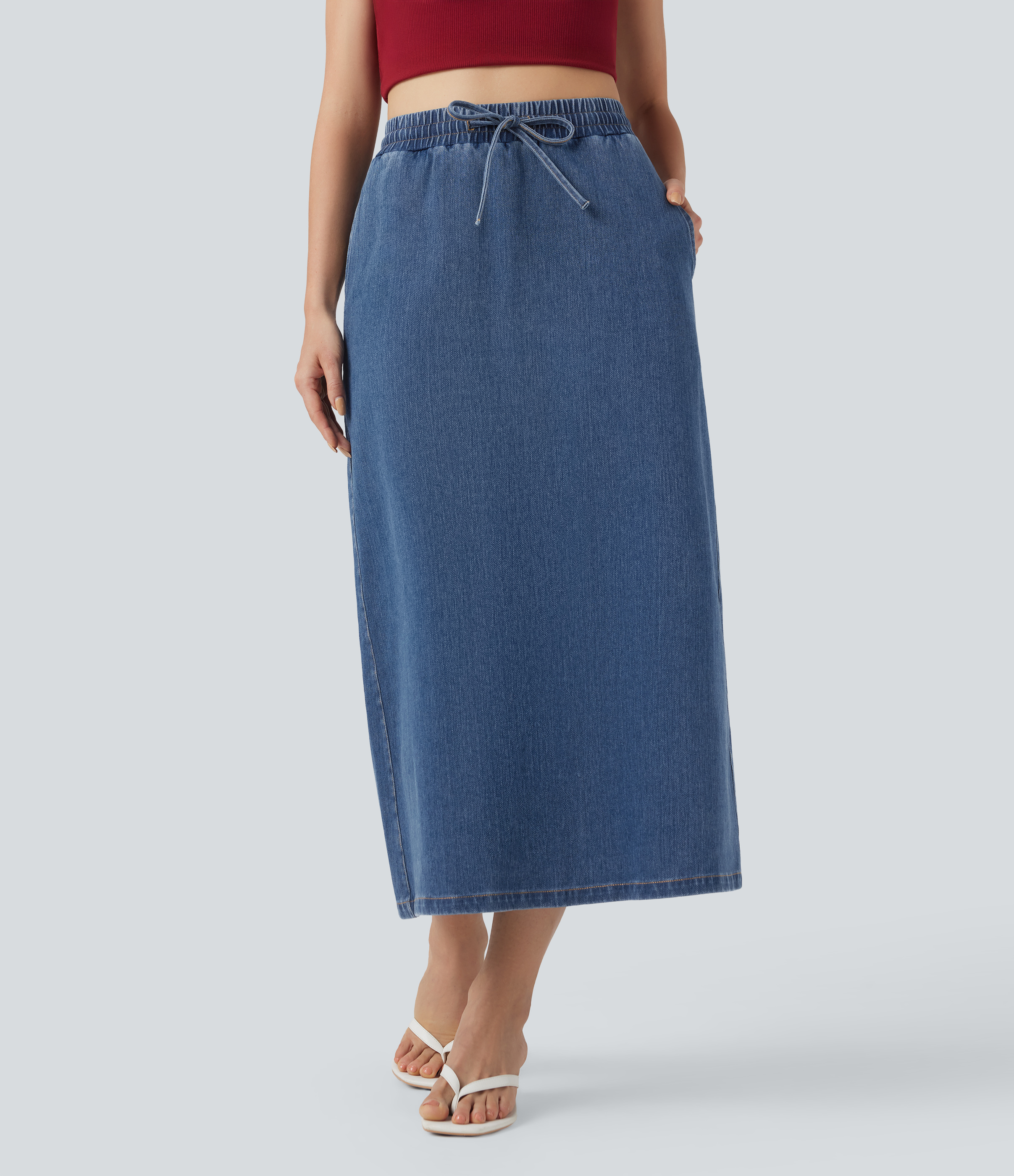 Halara Flex™ High Waisted Drawstring Split Midi Denim Casual Skirt with Pockets