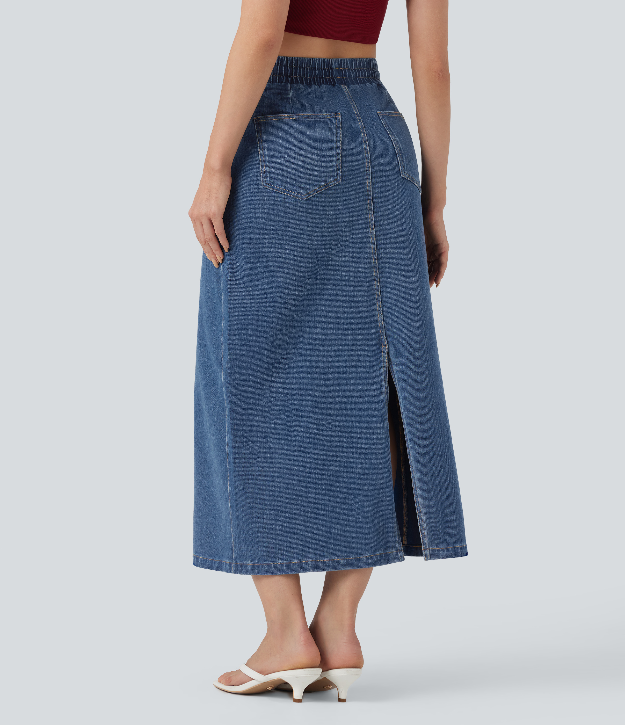 Estate Blue Denim Falda vaquera casual Halara Flex™ midi de tiro alto con cordón ajustable y bolsillos  / 2
