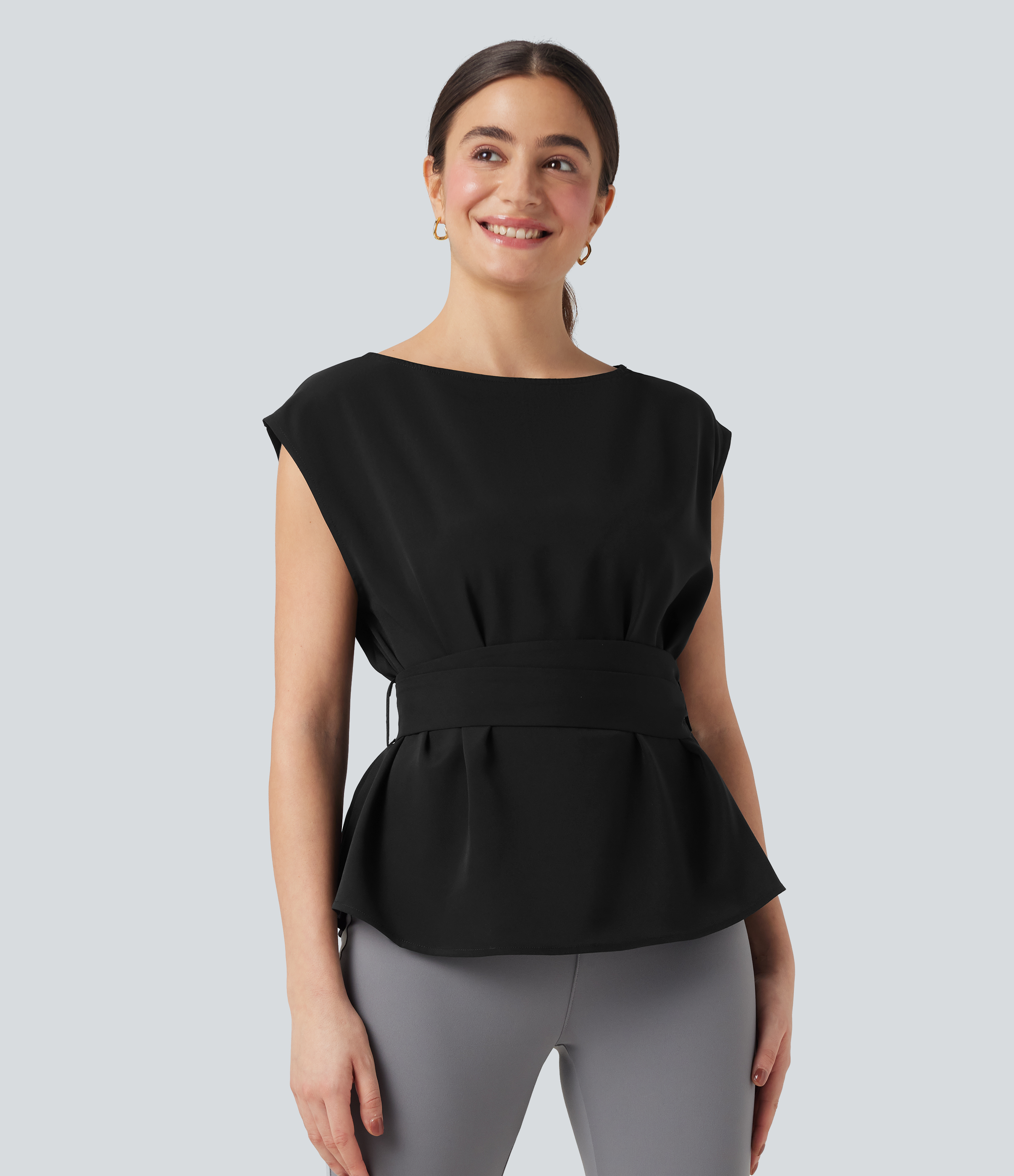 Wrinkle-resistant Boat Neck Sleeveless Tie Back Work Blouse