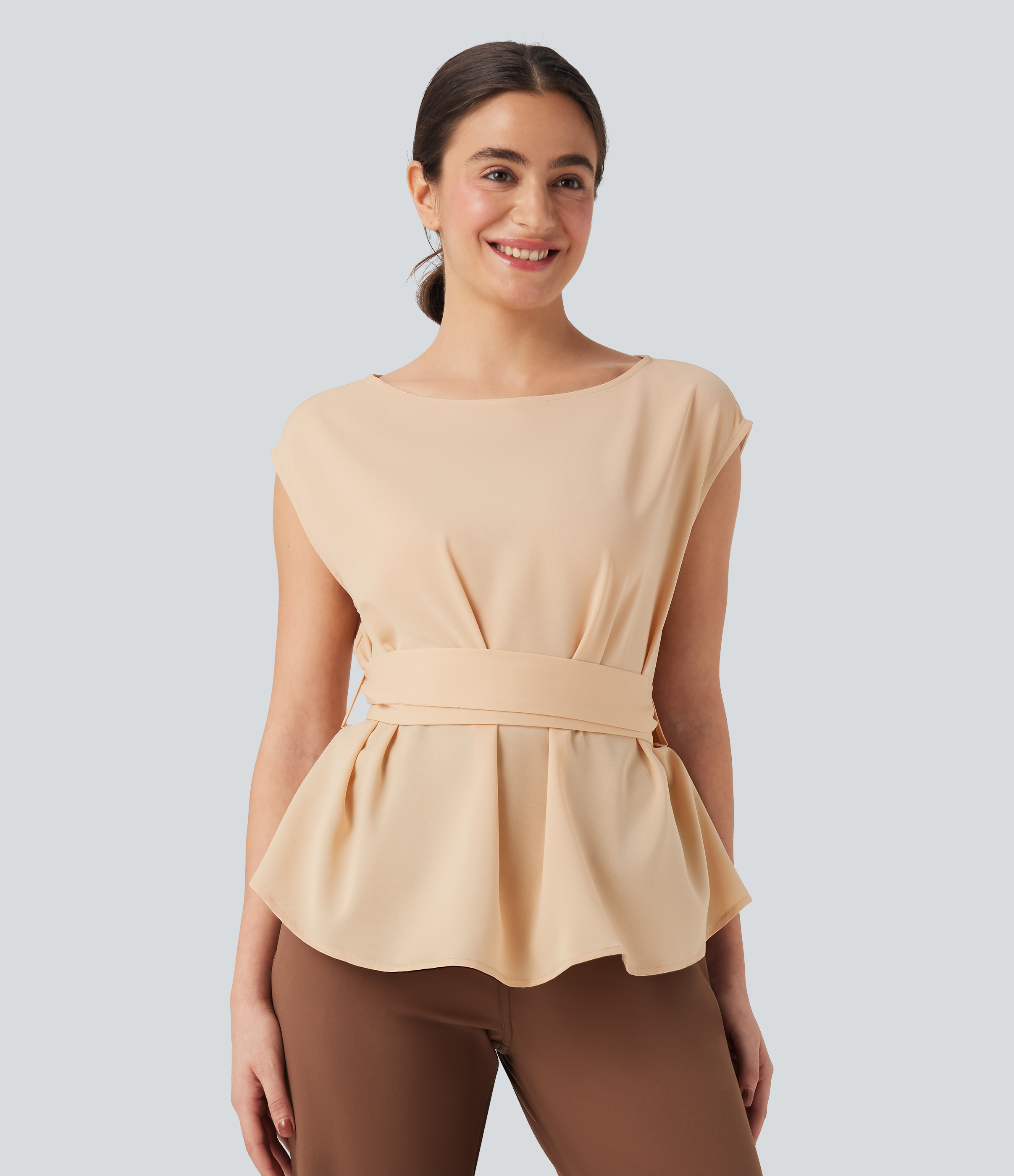 Wrinkle-resistant Boat Neck Sleeveless Tie Back Work Blouse