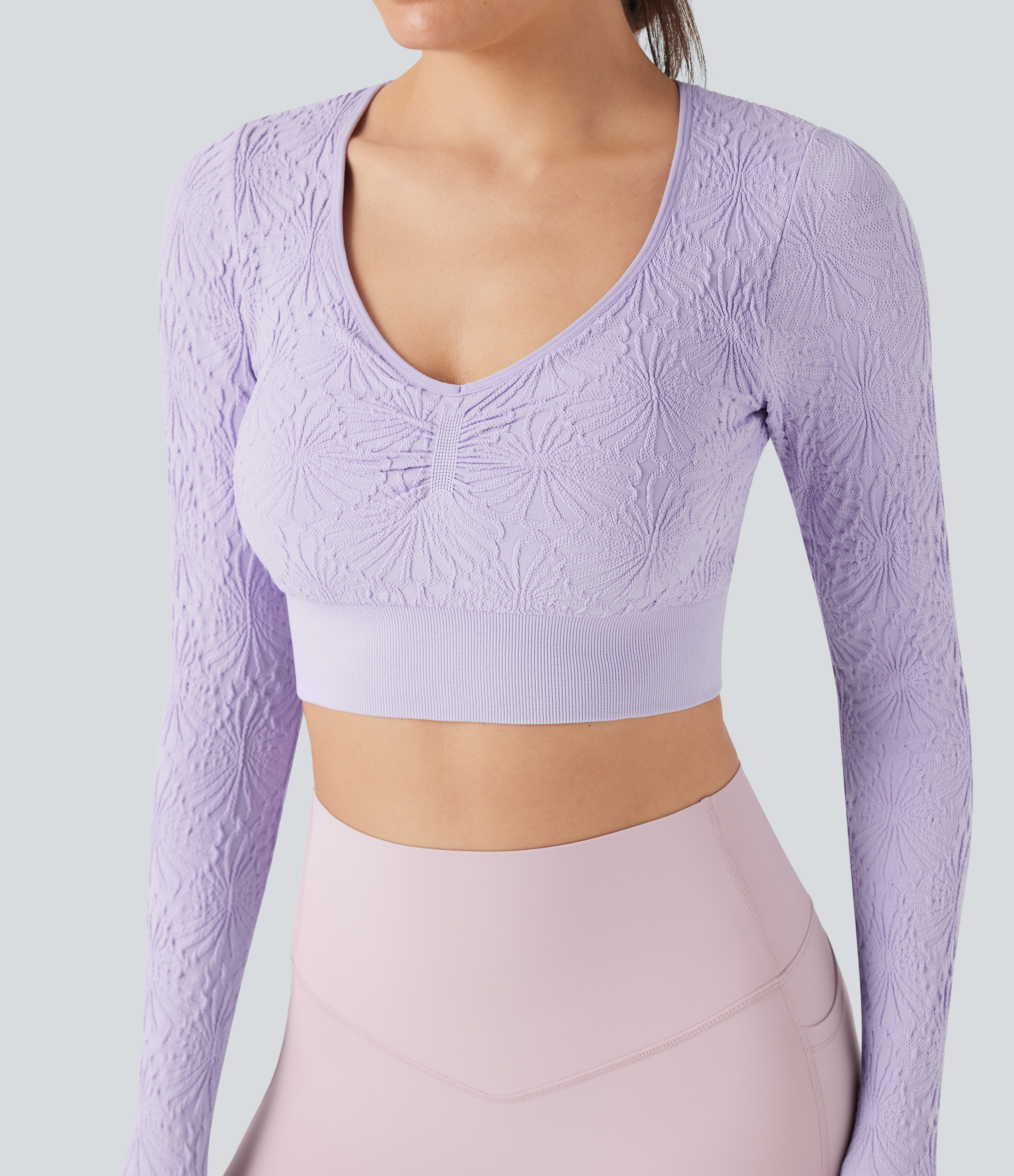 Orchid Petal Nahtloses Flow-Jacquard-Langarm-Cropped, figurbetontes Yoga-Sporttop / 1