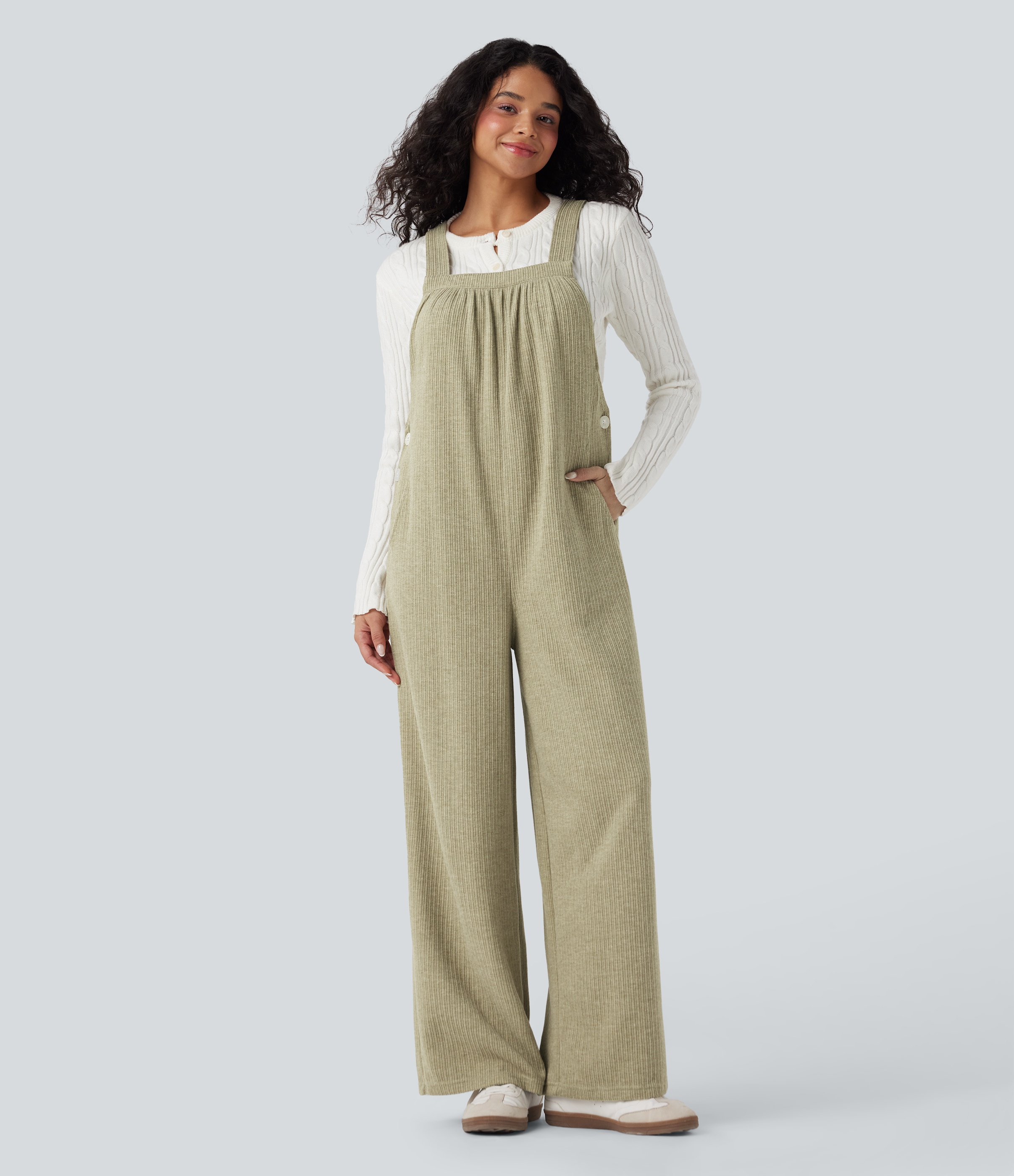 Gerippte Quadratische Ausschnitt Lässige Latzhose mit Taschen