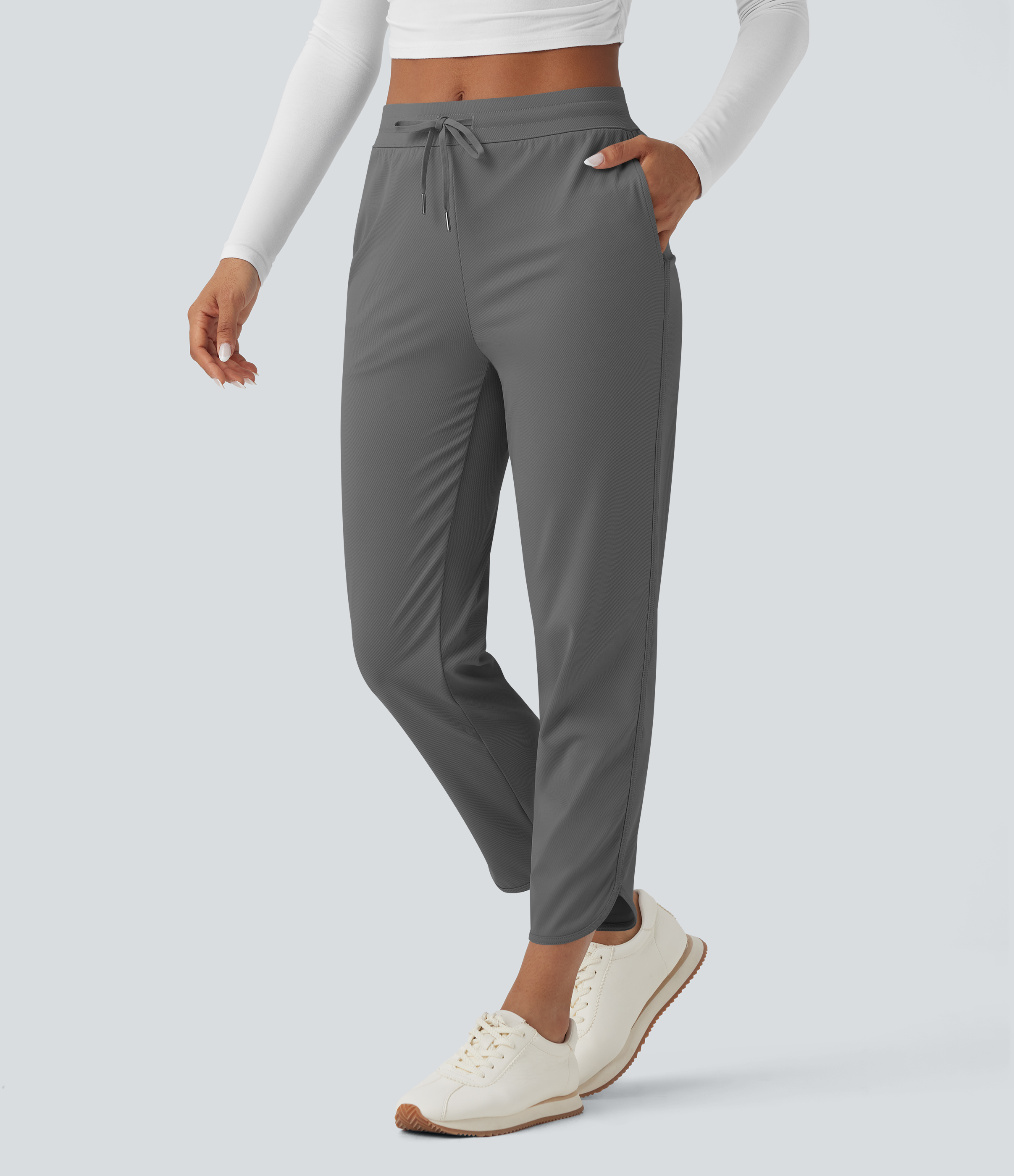 Mid Rise Drawstring Curved Hem Quick Dry Golf Tapered Pants with Pockets-UPF40+