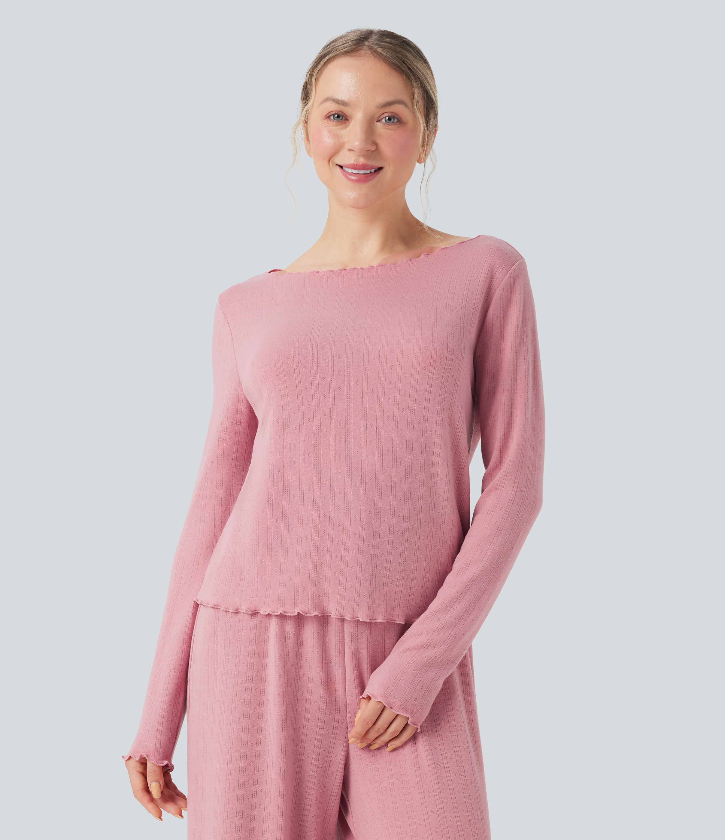 Ribbed Knit Pointelle Boat Neck Long Sleeve Lettuce Trim Lounge Top