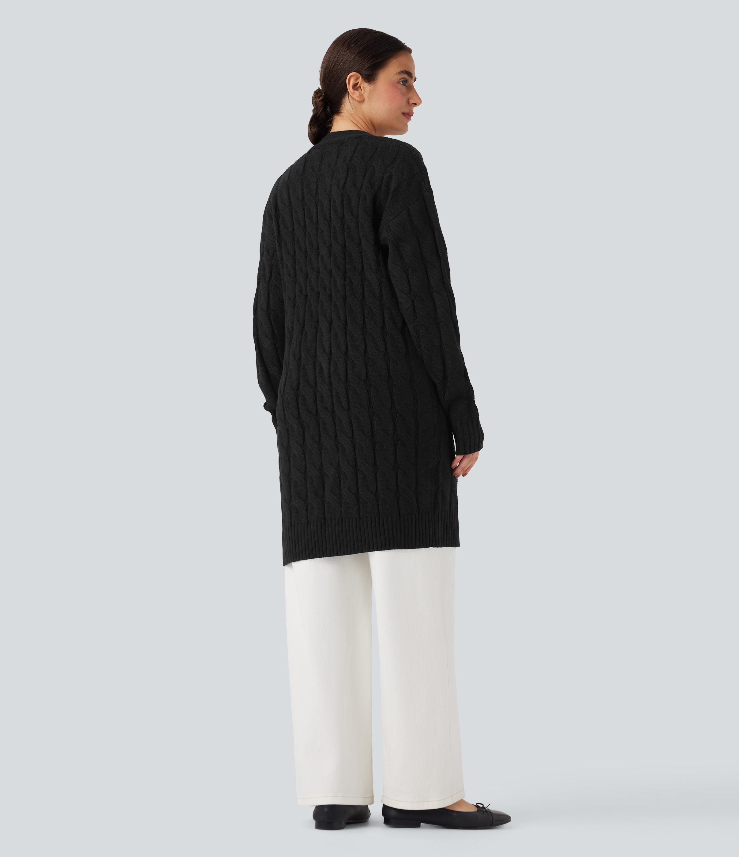 Noir Cardigan décontracté long col V manches longues avec poches / 2