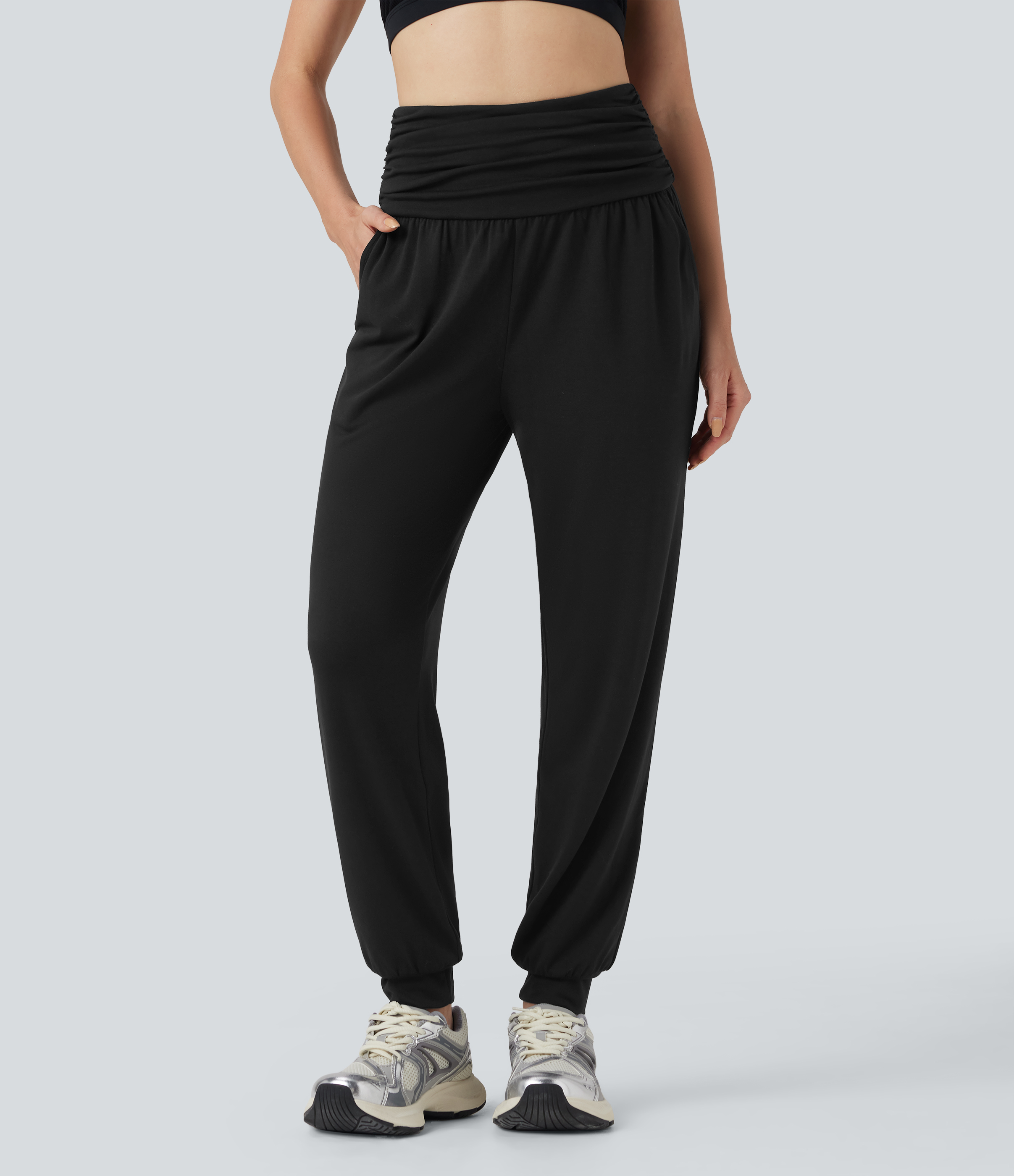 High Waisted Ruched Heathered Yoga Joggers with Pockets