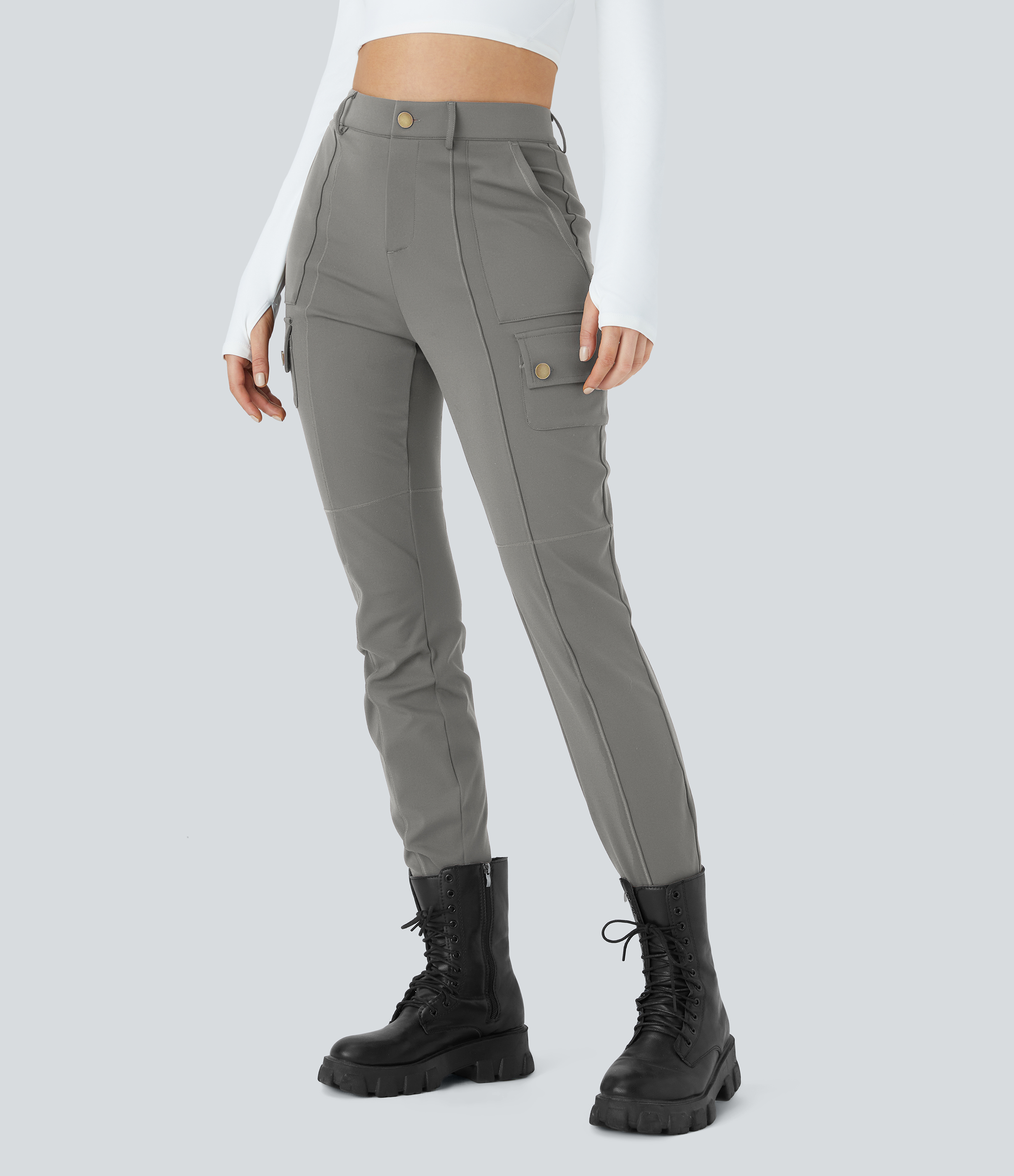 Women's High Waisted Zipper Pockets Solid Skinny Cargo Pants