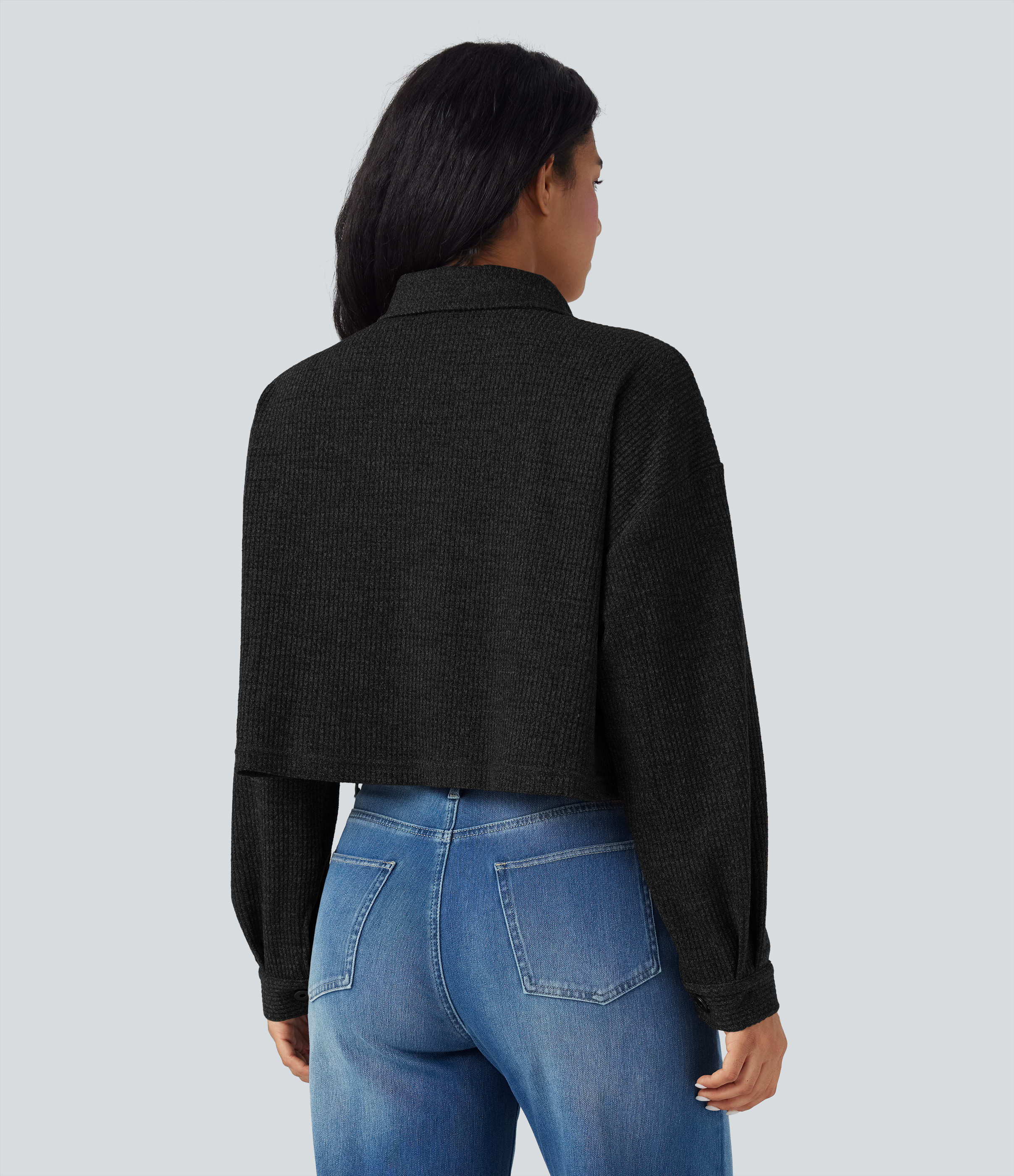 Black Long Sleeve Knit Waffle Casual Jacket with Pockets / 2