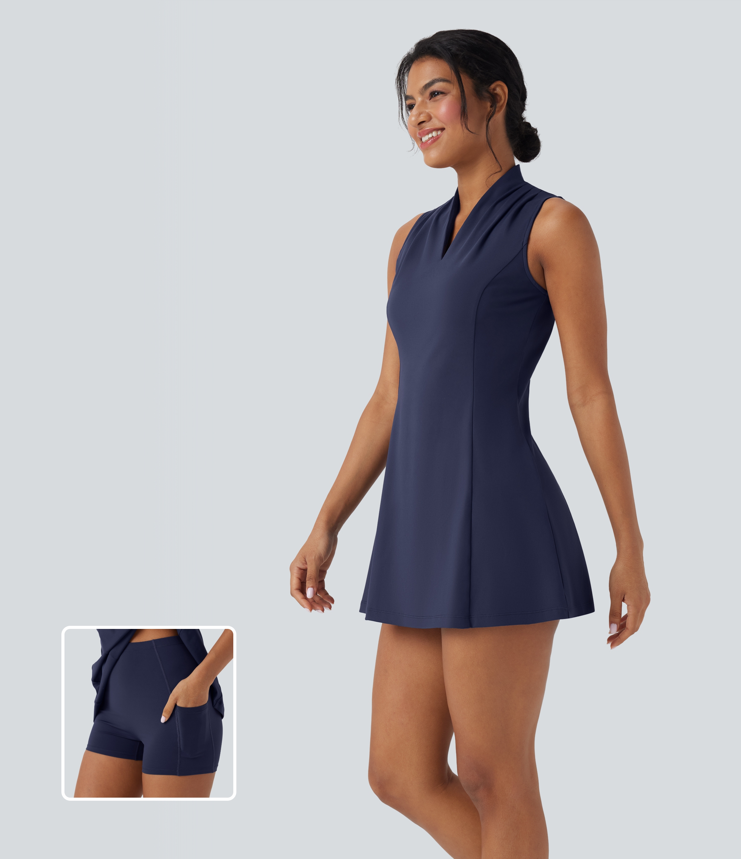 Softlyzero™ Plush - Ärmelloses, 2-teiliges Minigolf-Aktivkleid mit V-Ausschnitt und Seitentaschen