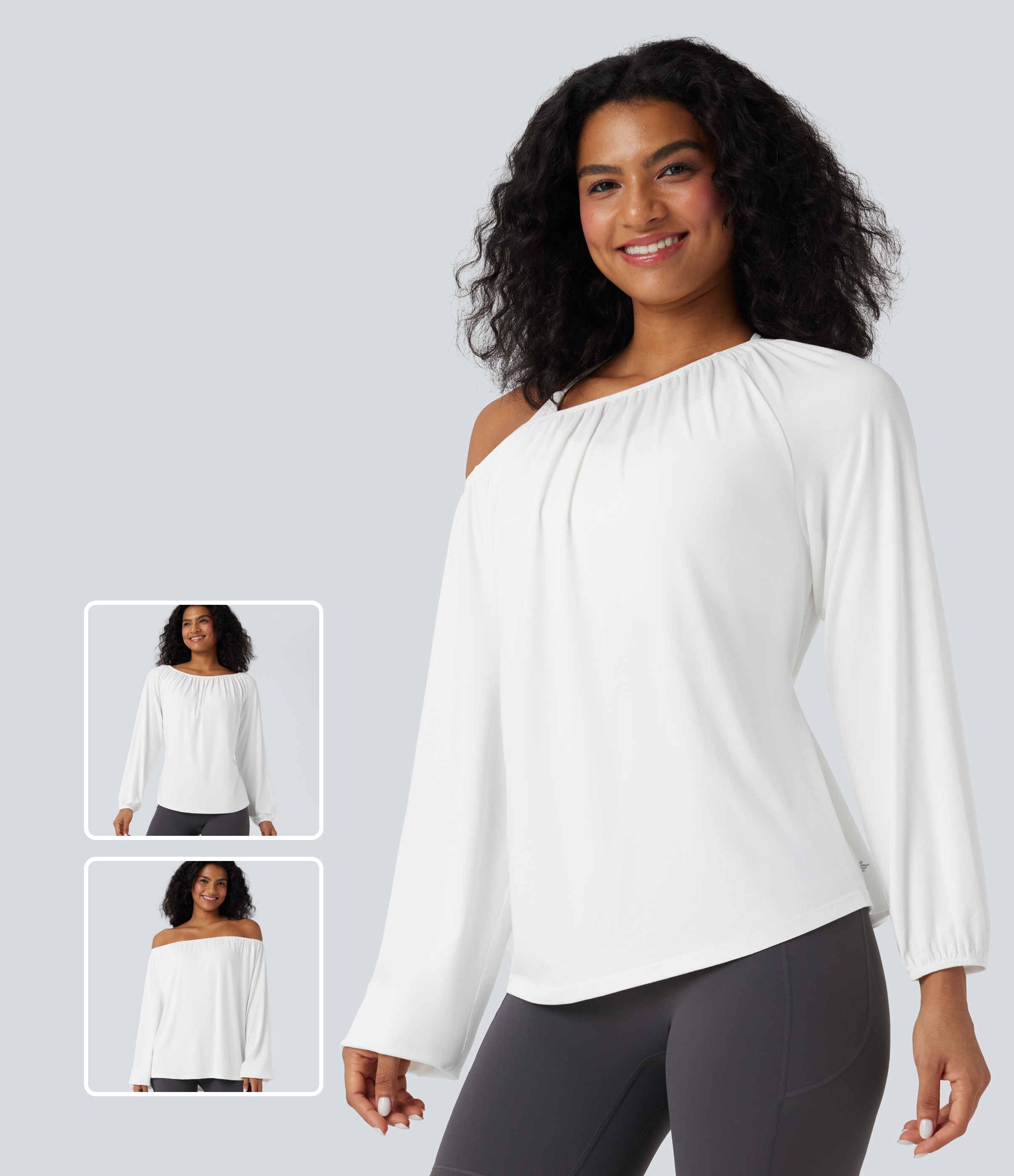 Blanco Top deportivo de yoga de manga larga con un solo hombro / 1