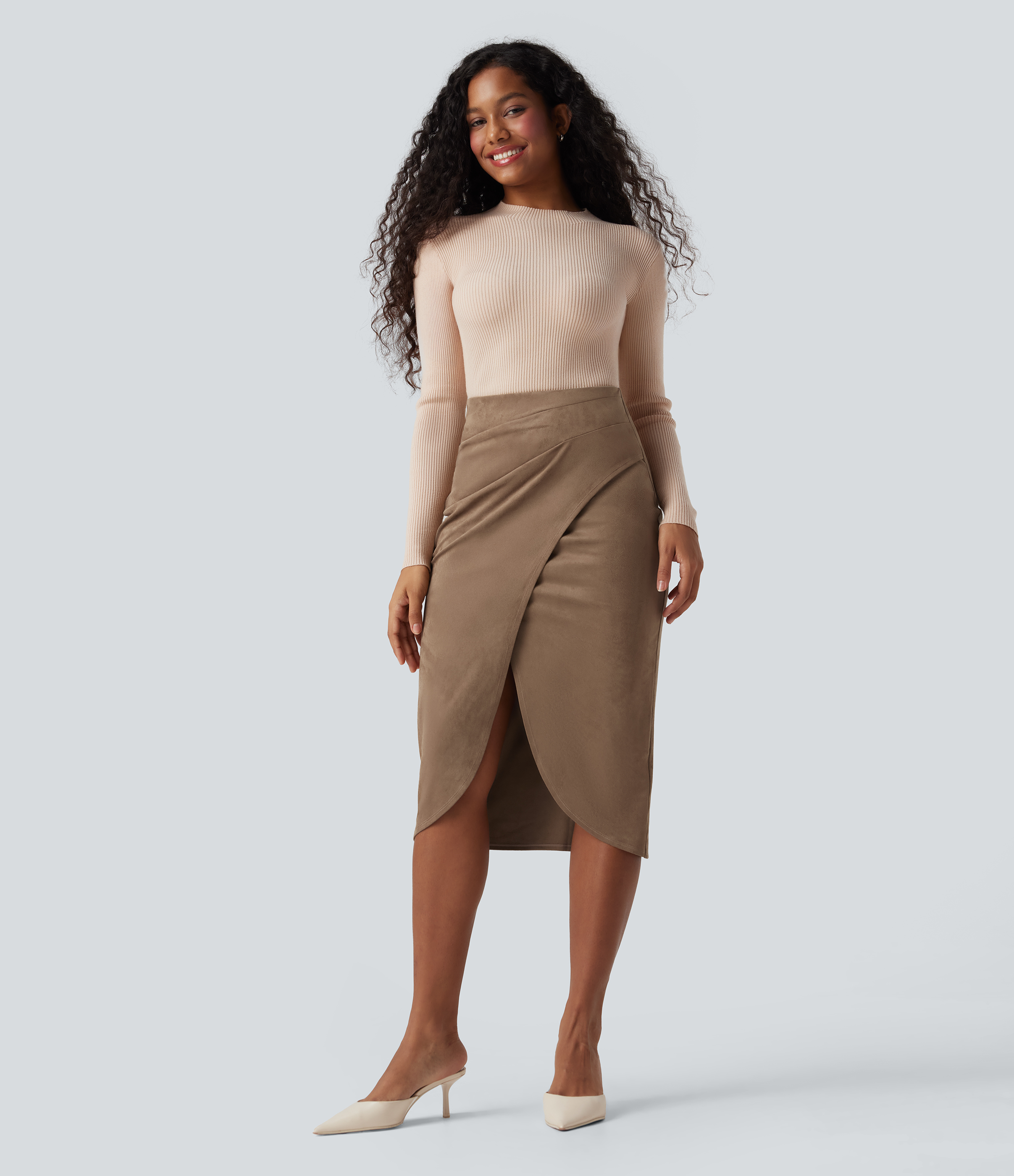 Women's High Waisted Suede Tulip Hem Midi Casual Skirt - Halara