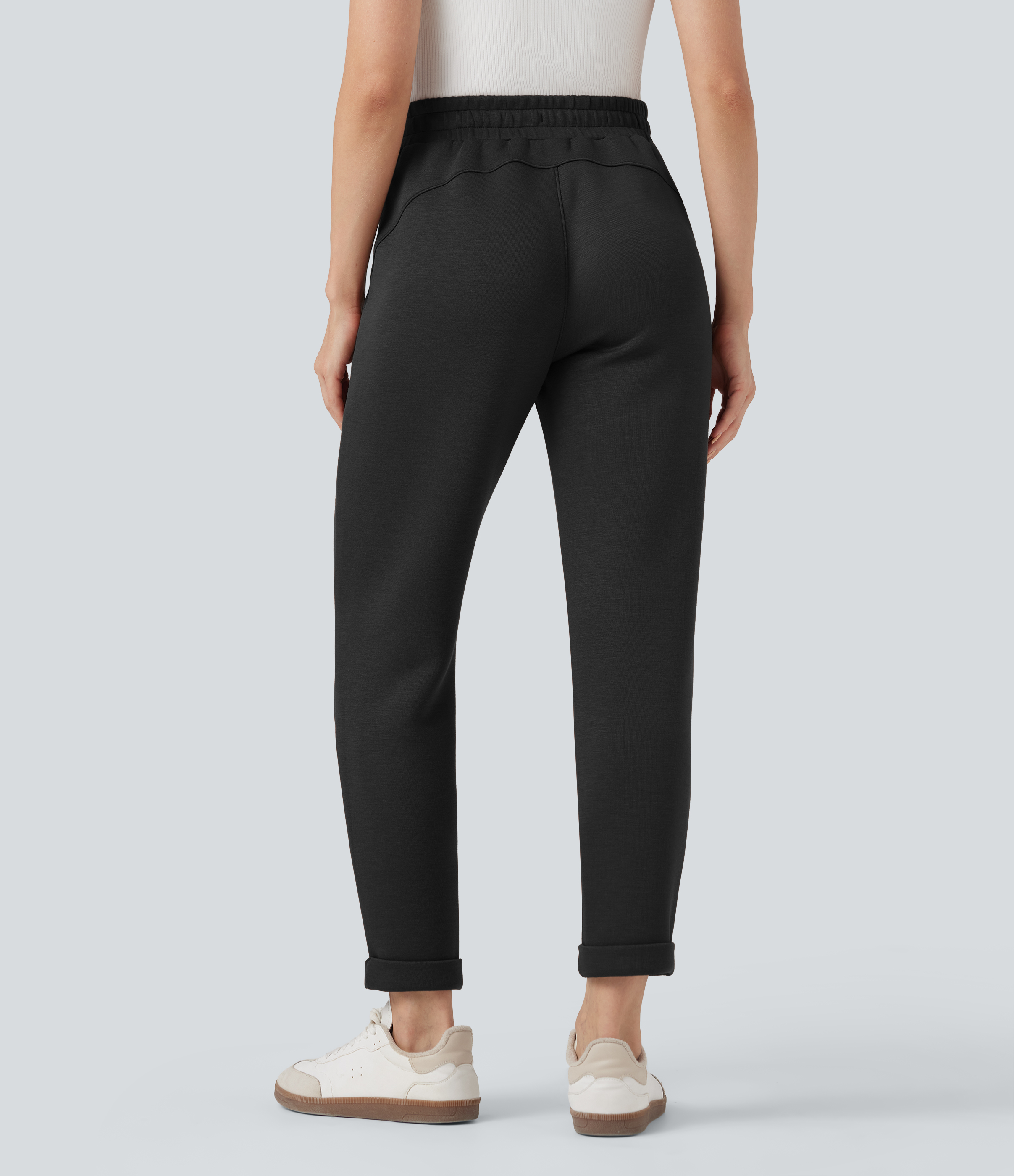 Negro Pantalones casuales de tiro alto con cordón ajustable y dobladillo enrollado con bolsillos / 2