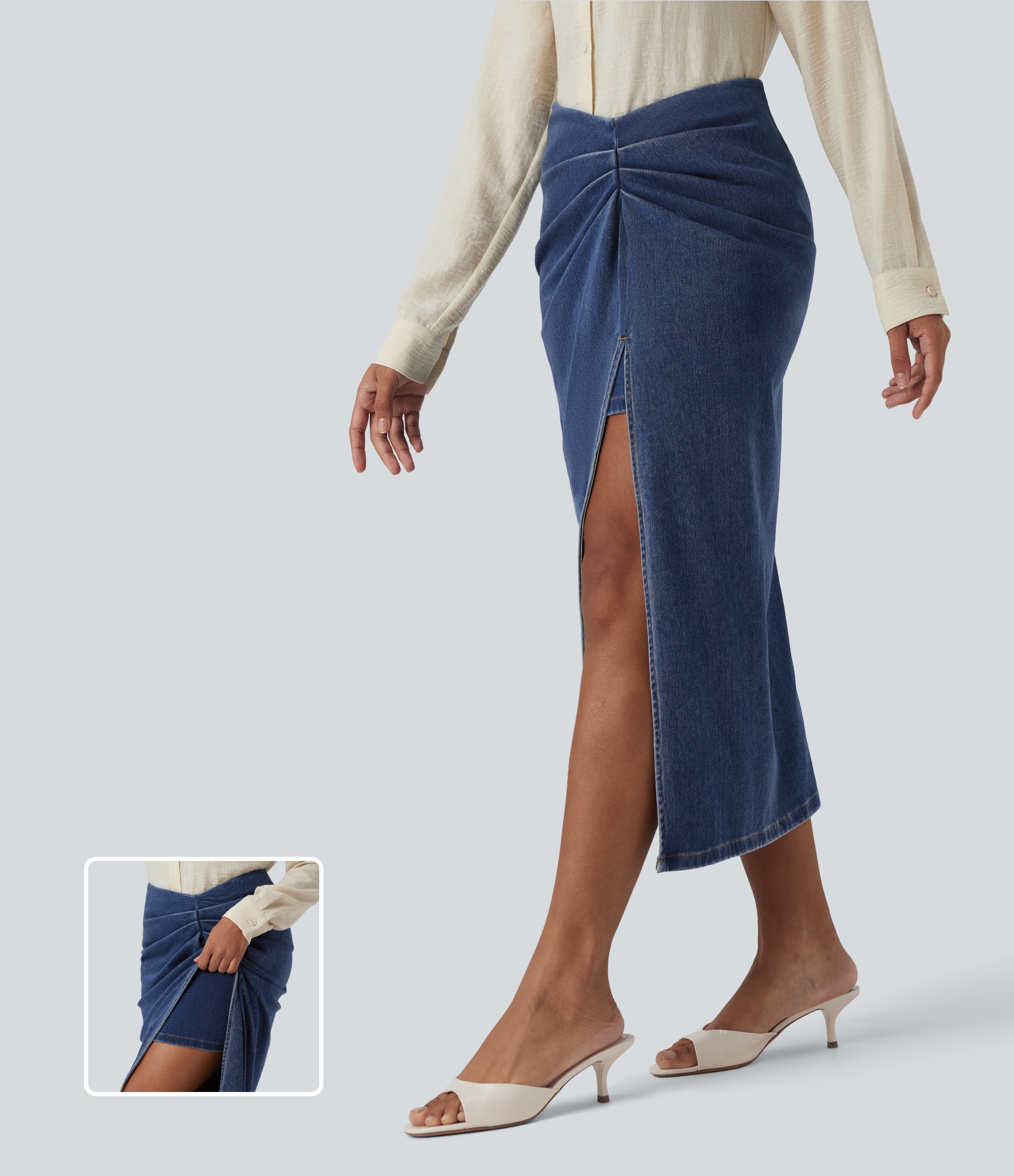 Halara Flex™ High Waisted 2-in-1 Split Bodycon Midi Casual Denim Skirt