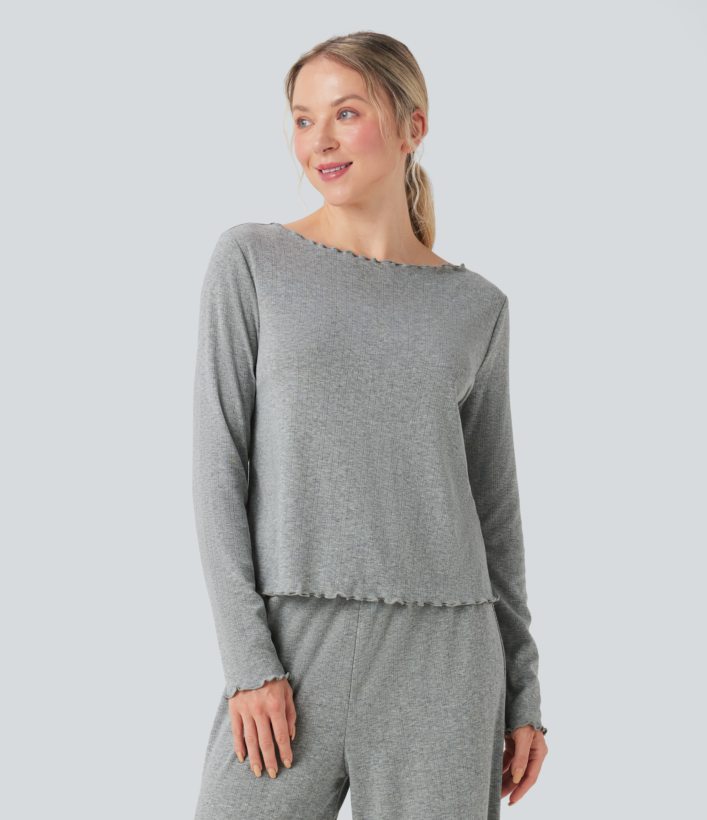 Femmes Haut détente col bateau manches longues finitions plissées pointelle - Halara 