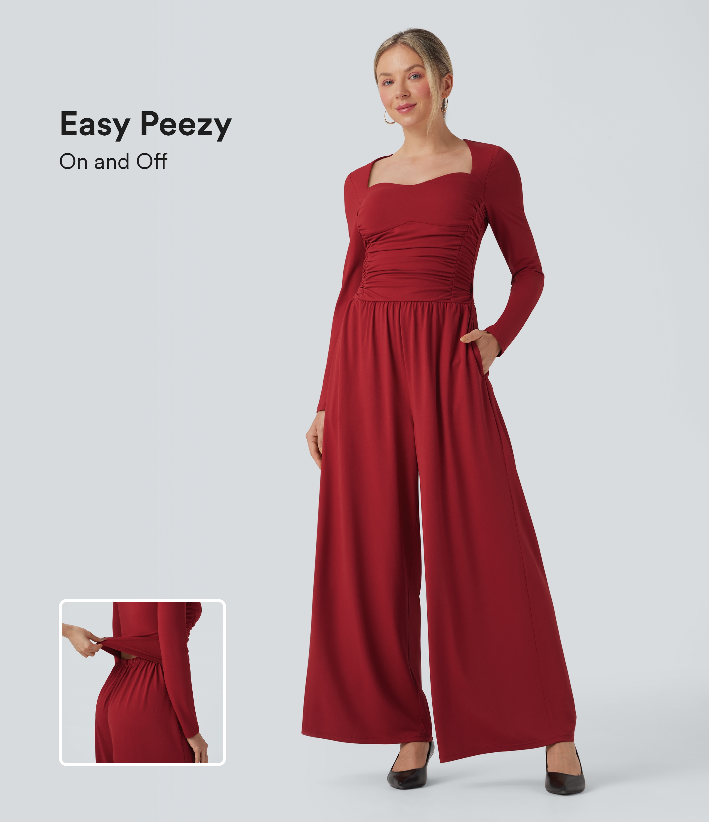 Sweetheart Neck Long Sleeve Ruched Casual Jumpsuit with Pockets-Easy Peezy Edition