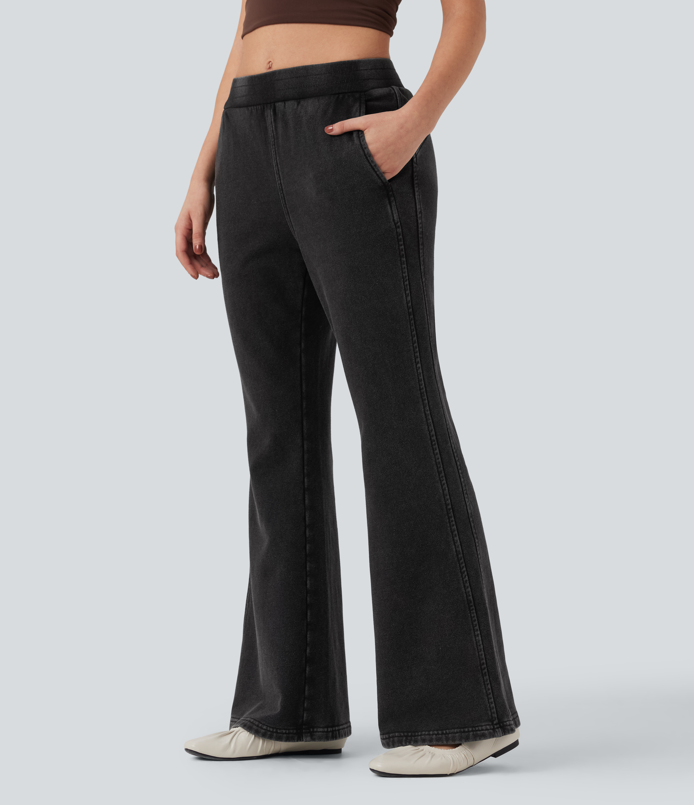 Halara Flex™ French Terry - pantalones tipo college de talle medio, estilo flare tipo vaquero relajado, con bolsillos