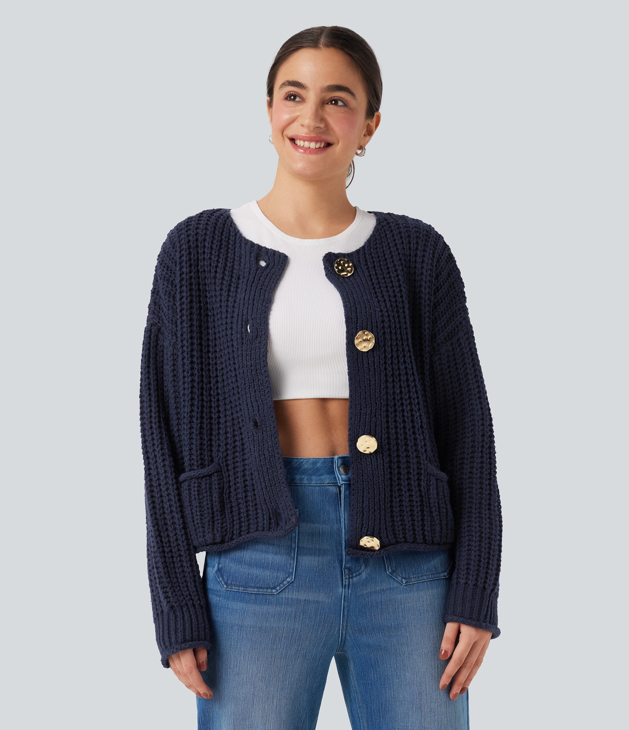 Cárdigan casual relajado con bolsillos y botones