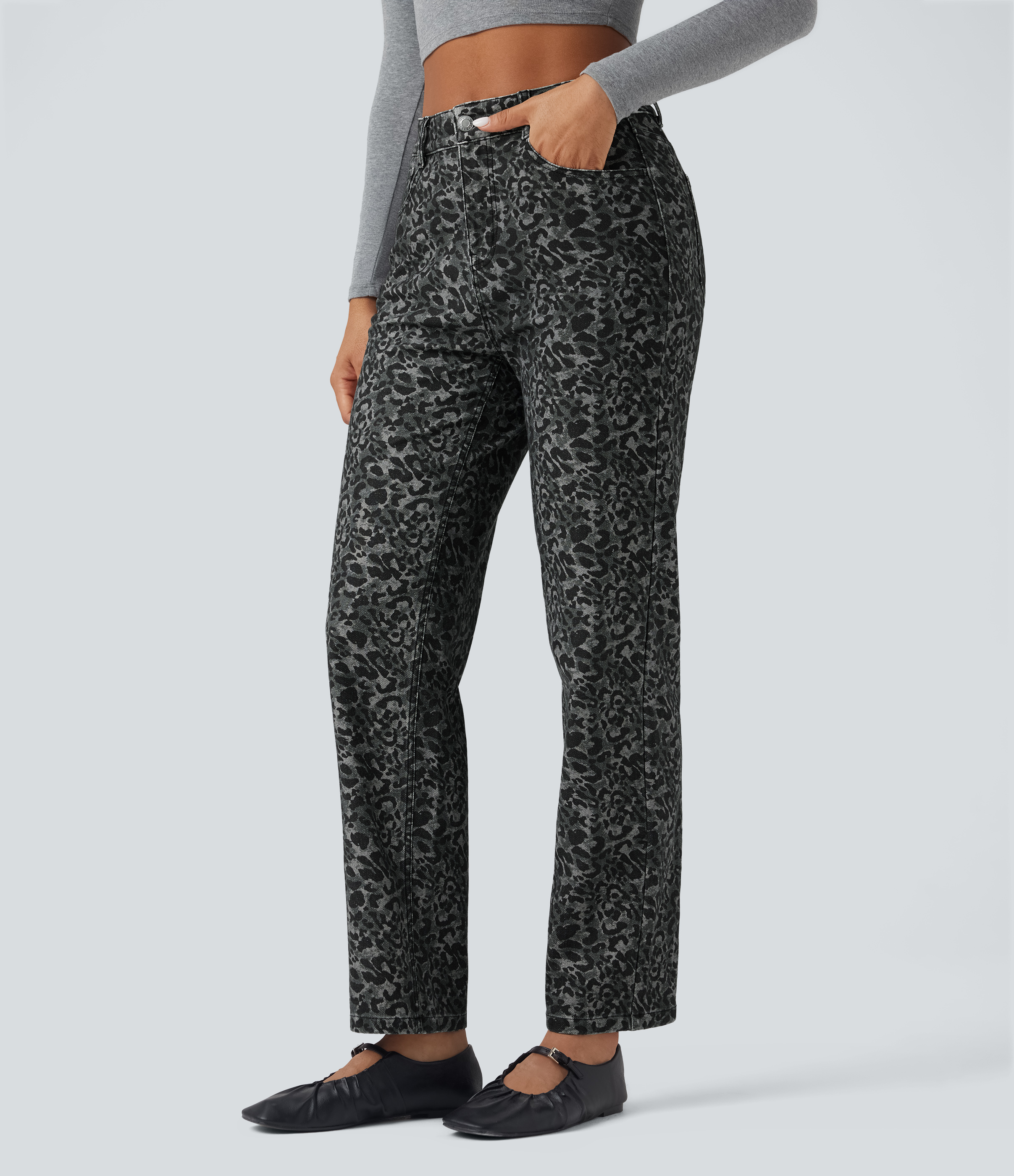 Halara Flex™ Leopard Print High Waisted Straight Leg Casual Jeans with Pockets