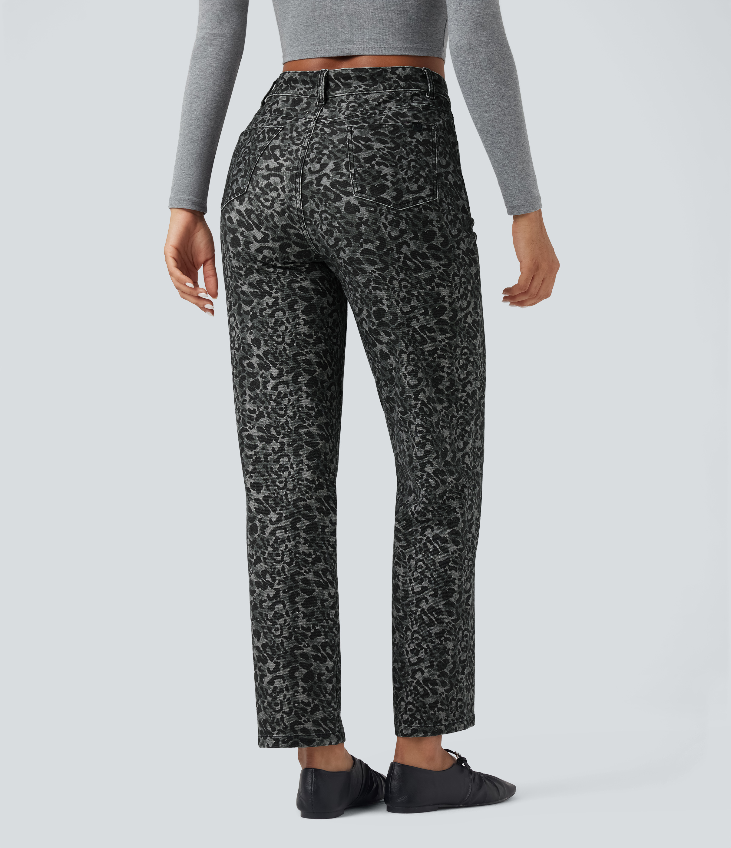 Gray Leopard Denim Halara Flex™ Leopard Print High Waisted Straight Leg Casual Jeans with Pockets / 2