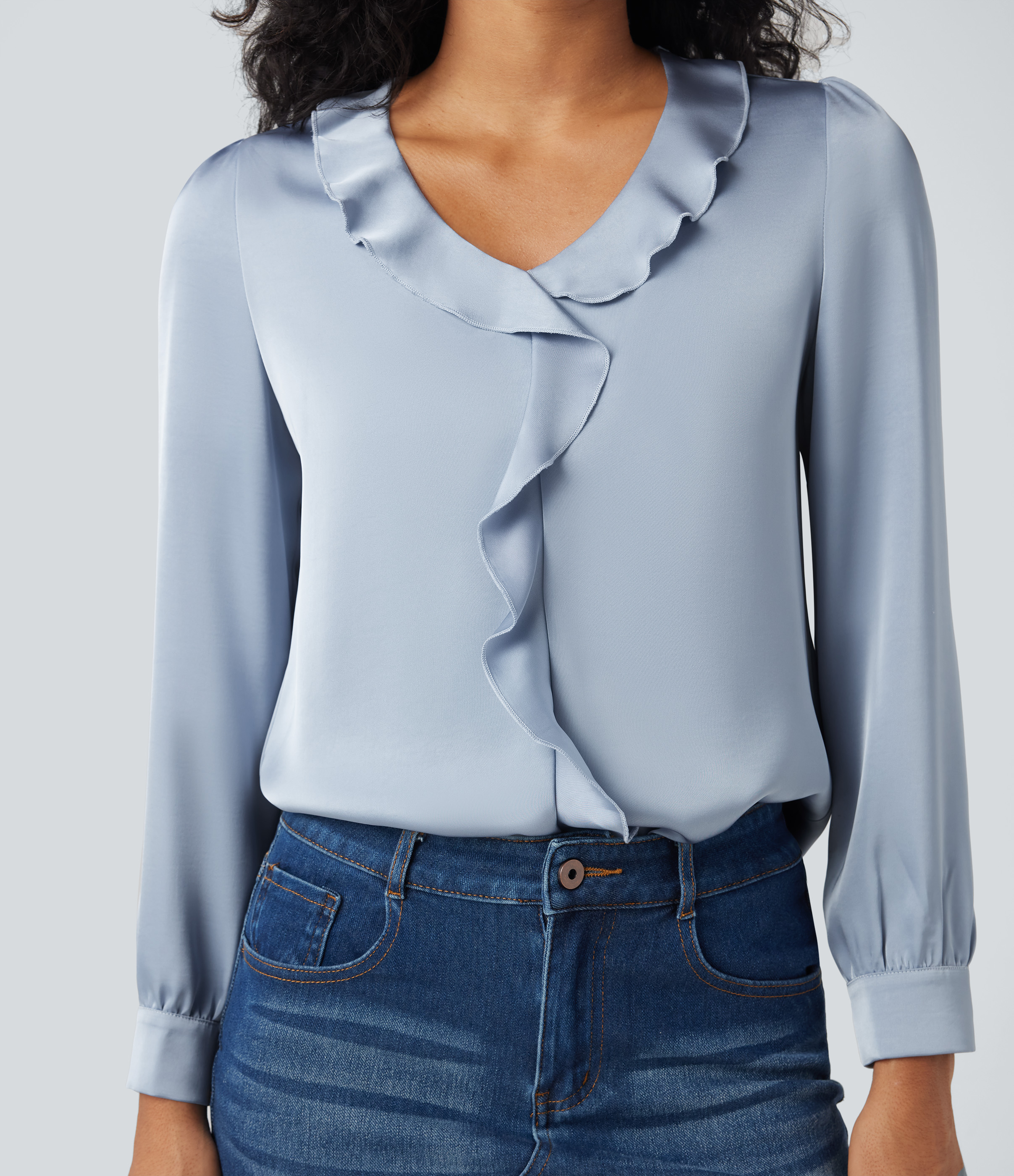 Ruffle Trim V-neck Long Sleeve Casual Satin Shirt