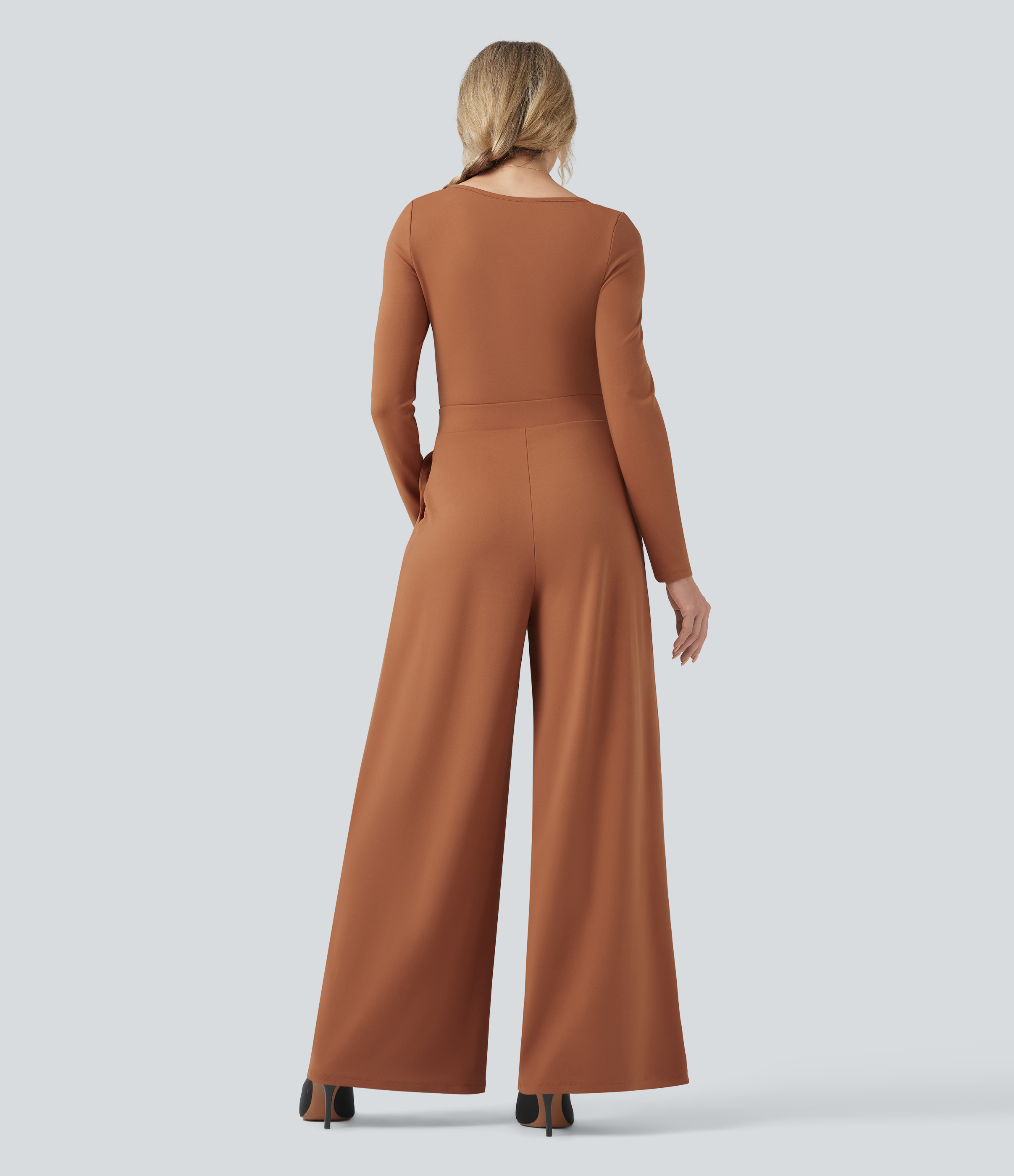Sudan Brown Jumpsuit casual de pierna ancha y manga larga con cuello en U y bolsillos / 2