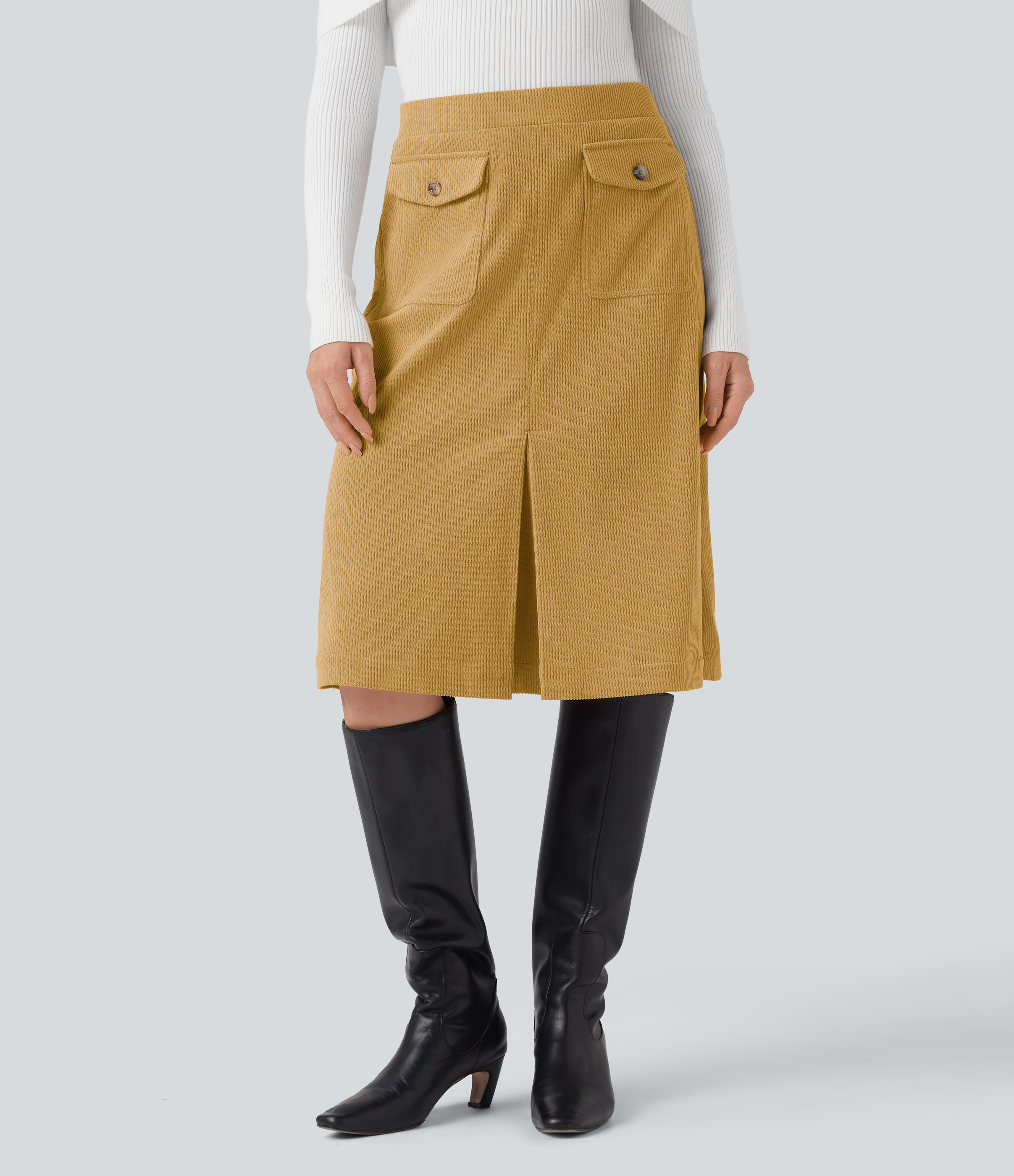 Mid Rise Front Side Flap Pocket Midi Corduroy Casual Skirt