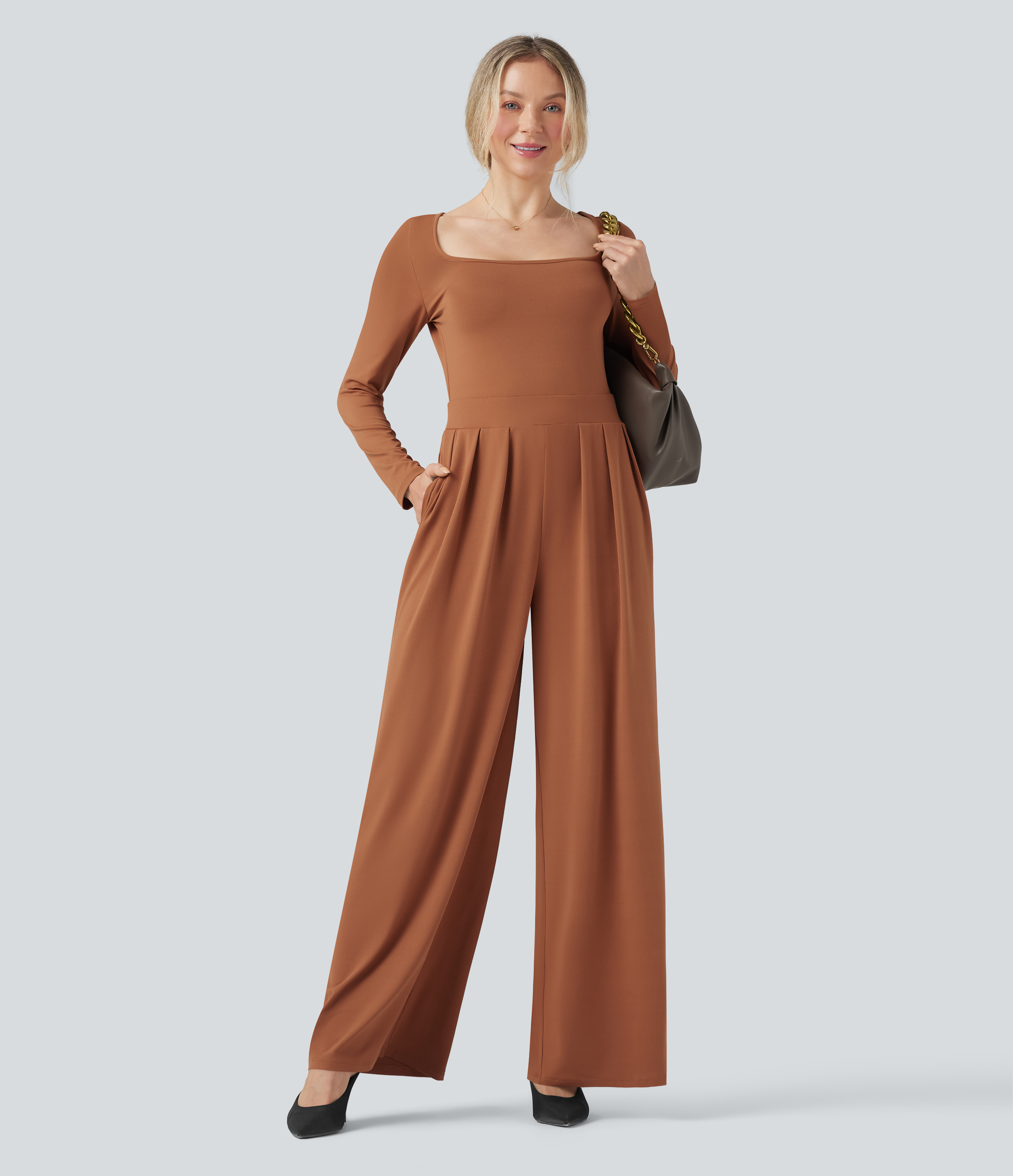 U-Neck Long Sleeve Wide Leg Casual Work Jumpsuit with Pockets