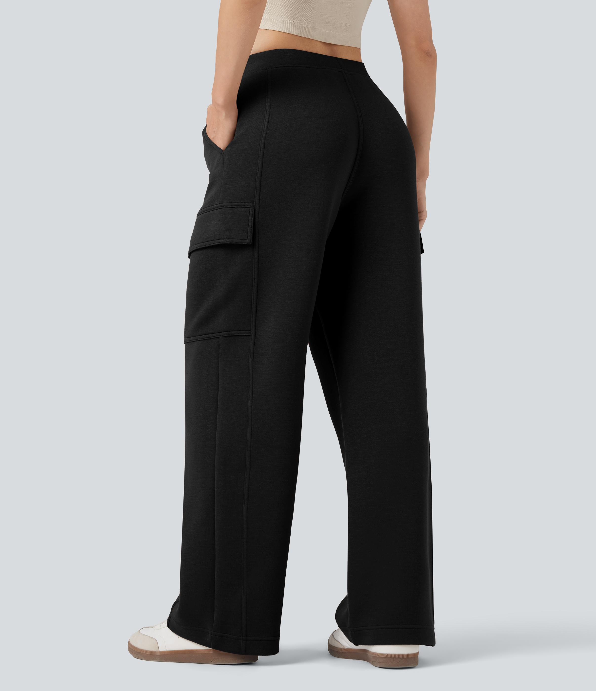 Negro Pantalones casuales de tiro medio y pierna recta con bolsillos / 2