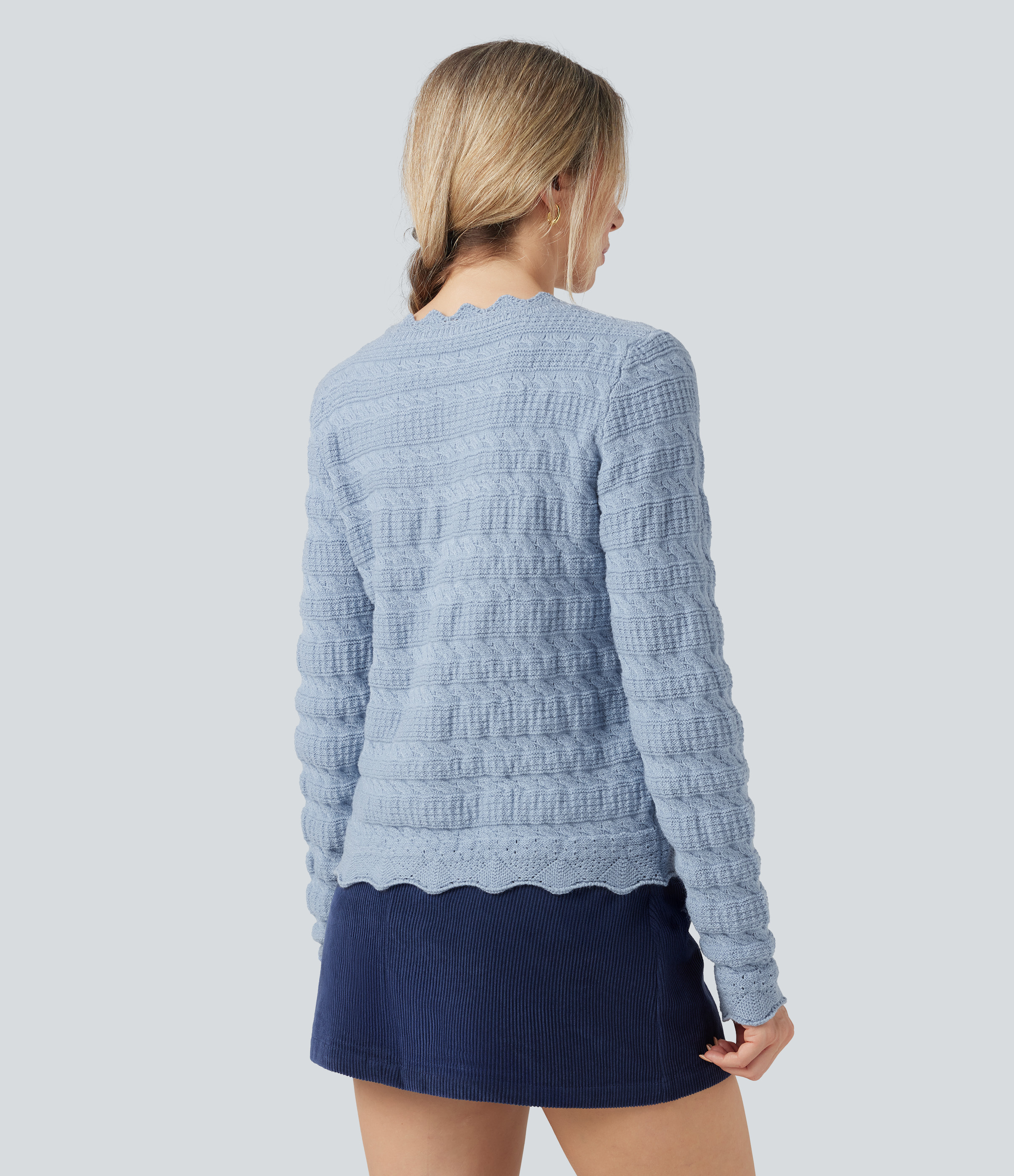 Light Grey Blue Cárdigan casual de punto de manga larga con cuello en V / 2