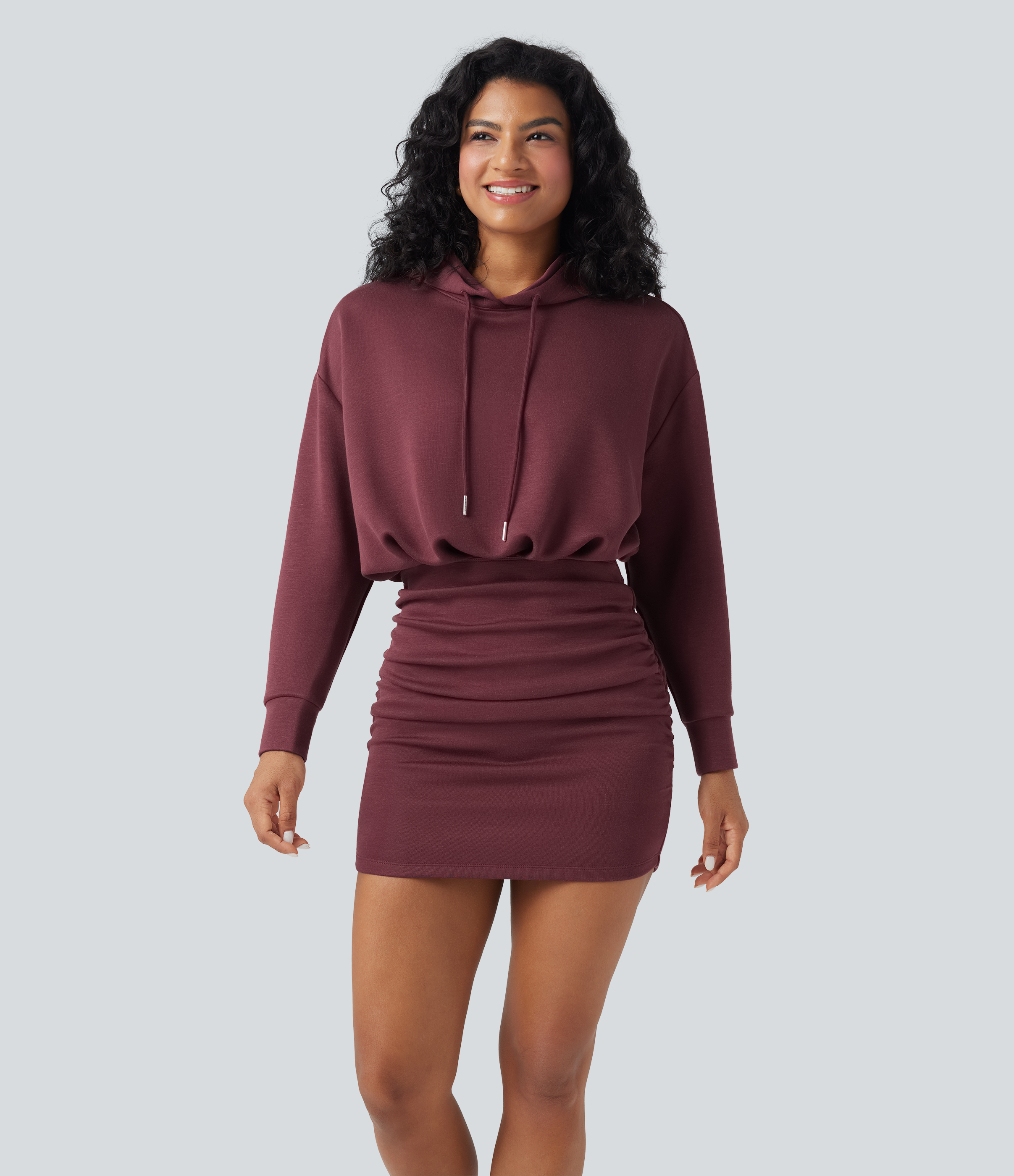 SpacerTek™ Long Sleeve Ruched Bodycon Mini Casual Hoodie Dress