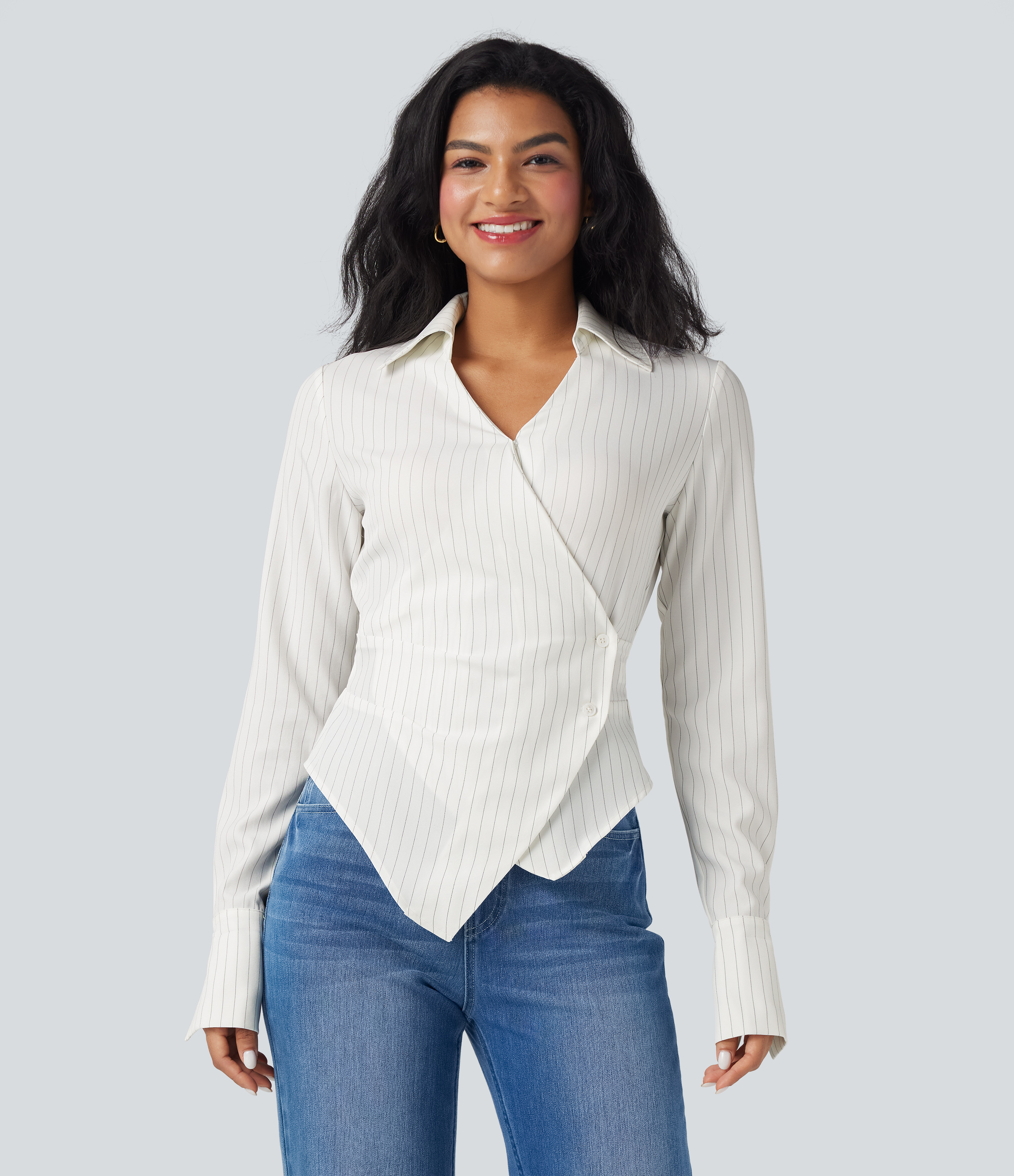 Long Sleeve Wrapped Lace Up Stripe Work Shirt