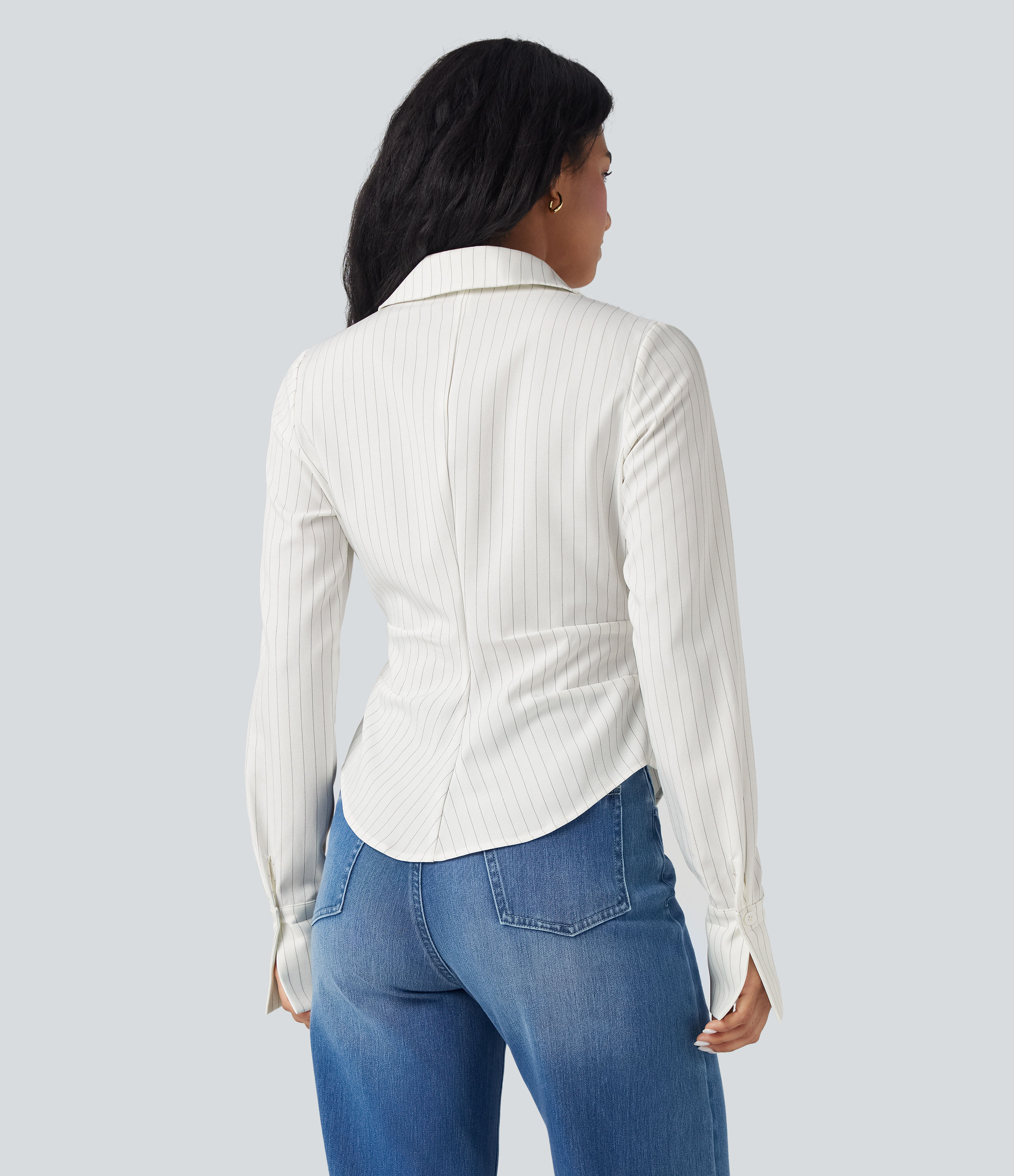 Ivory Mist Long Sleeve Wrapped Lace Up Stripe Work Shirt / 2