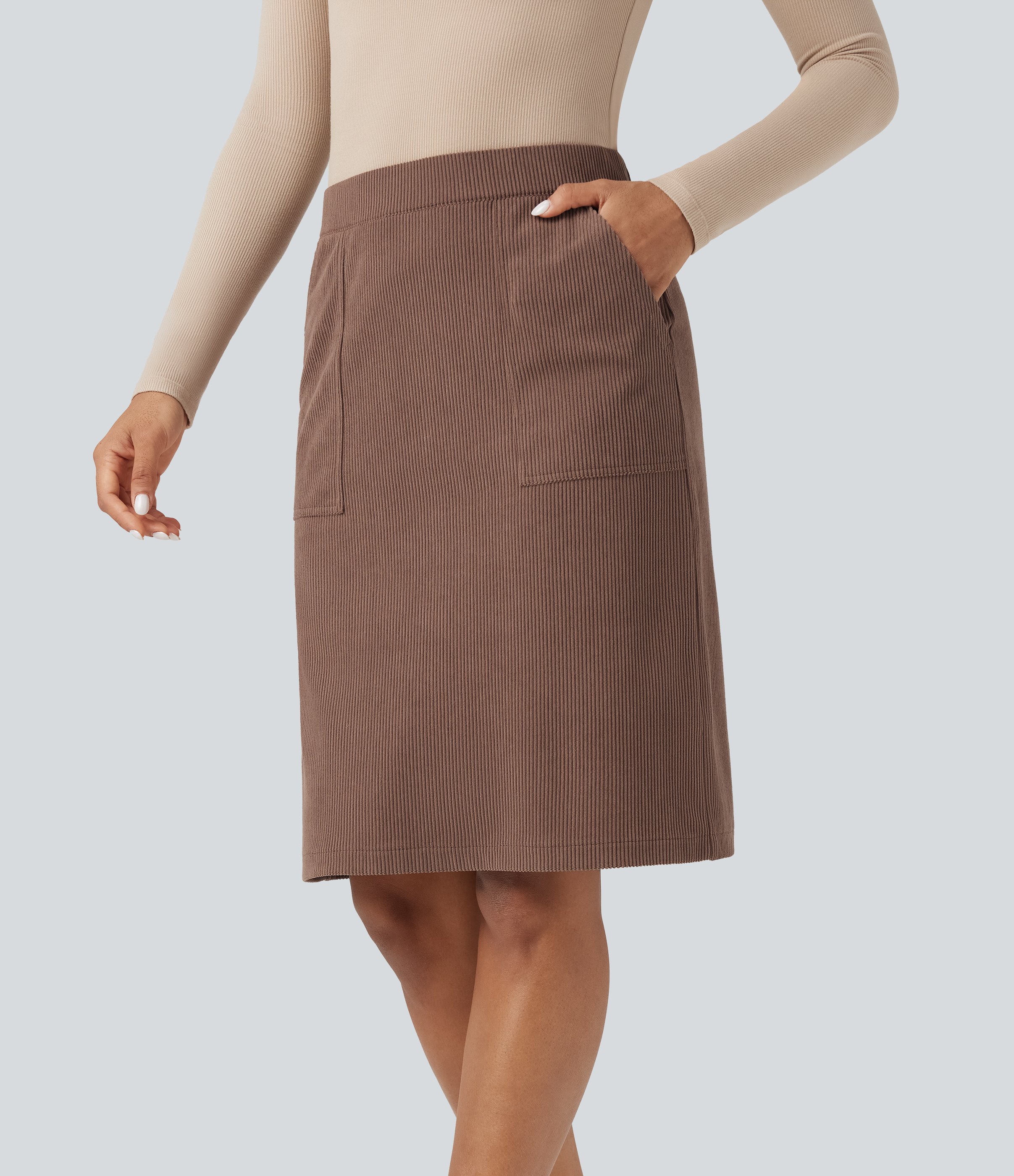 Jupe décontractée en velours côtelé ligne A taille haute avec fente et poches