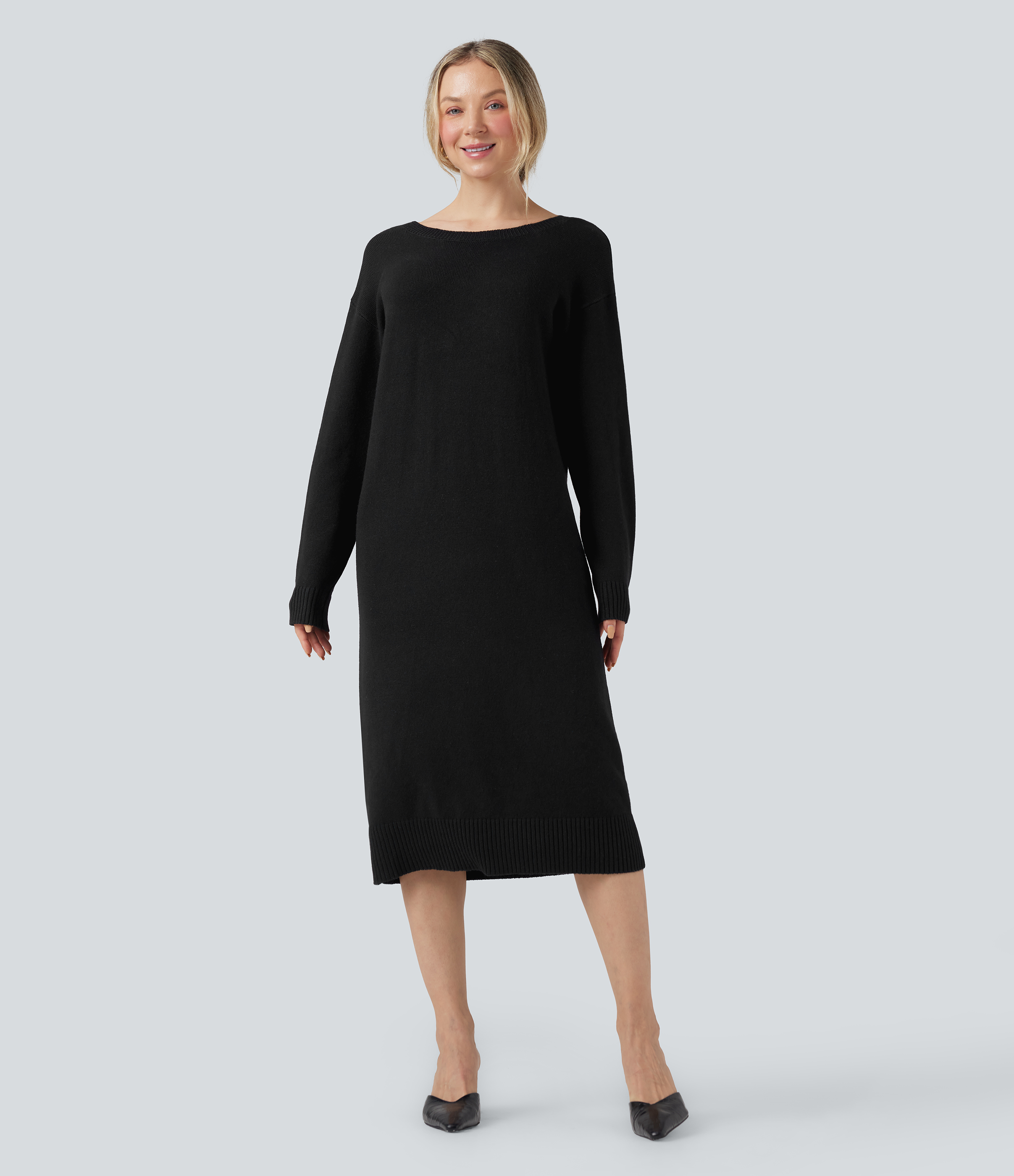 V-neck Long Sleeve Midi Wool-Blend Work Sweater Dress-Front and Back Wearable