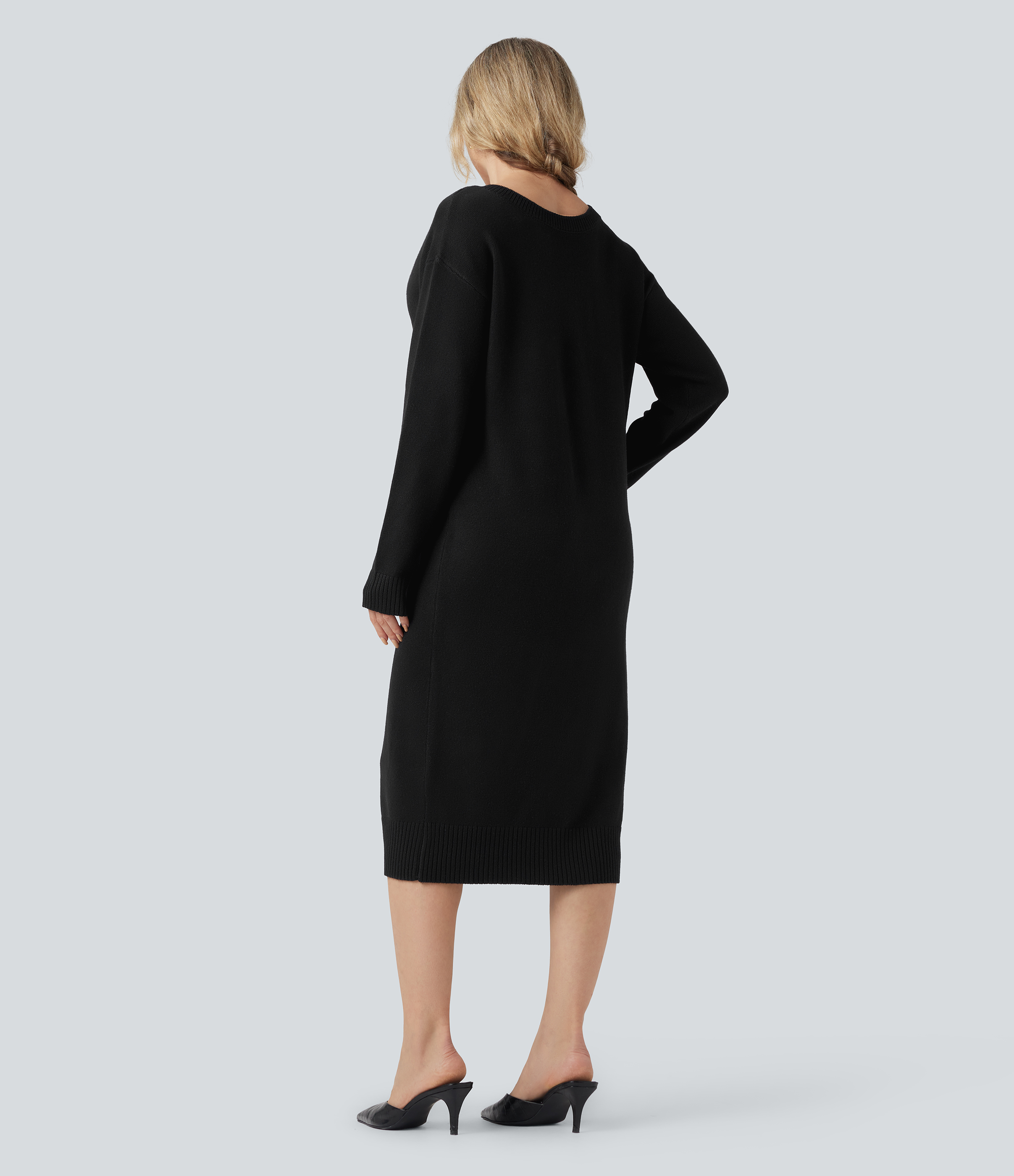 Black V-neck Long Sleeve Midi Wool-Blend Work Jumper Dress-Front and Back Wearable / 2