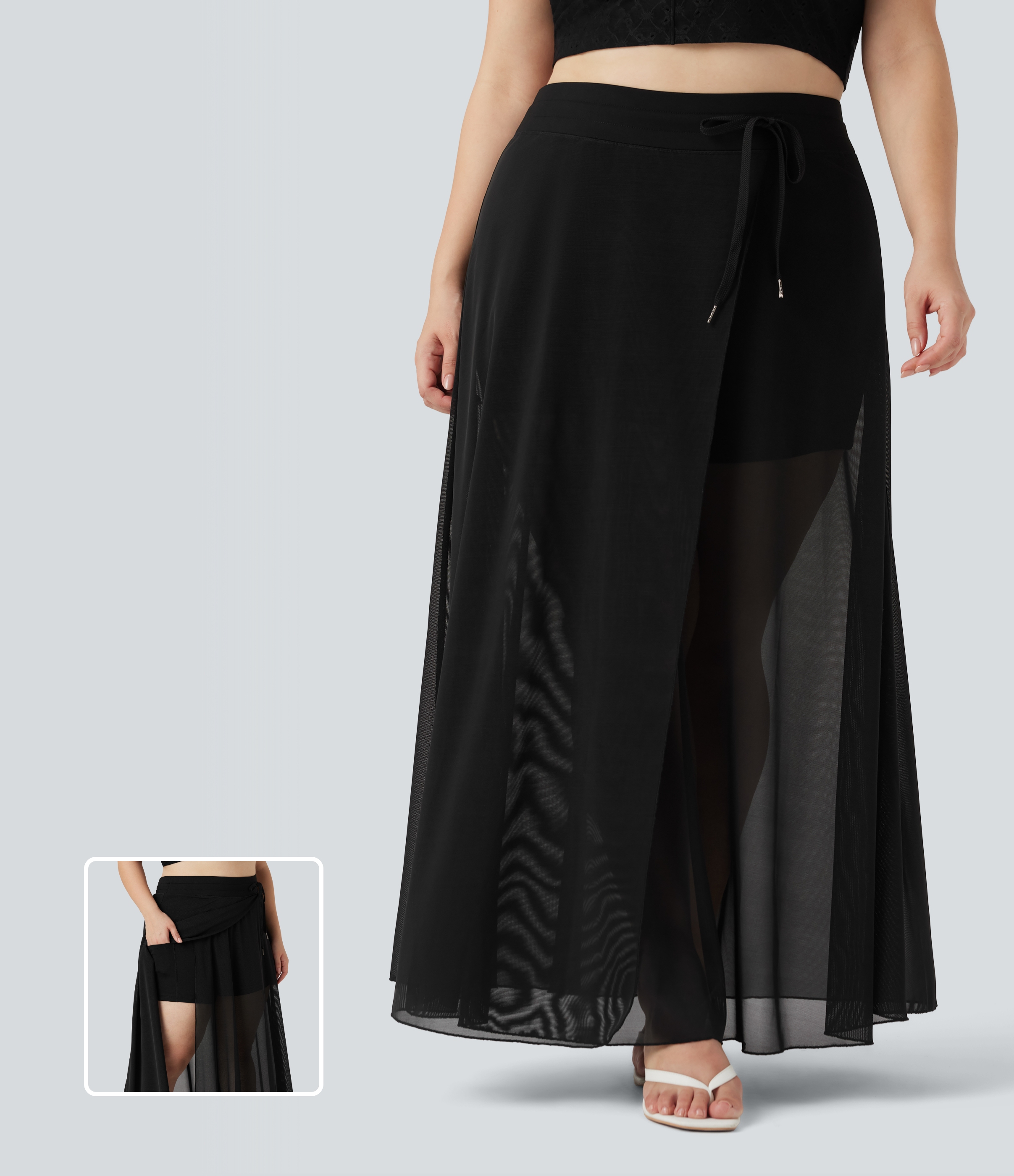 Plus Size Dolga Krilo z Visokim Pasom, Vrvico in Kontrastno Mrežasto Tkanino, 2-v-1, z Žepi