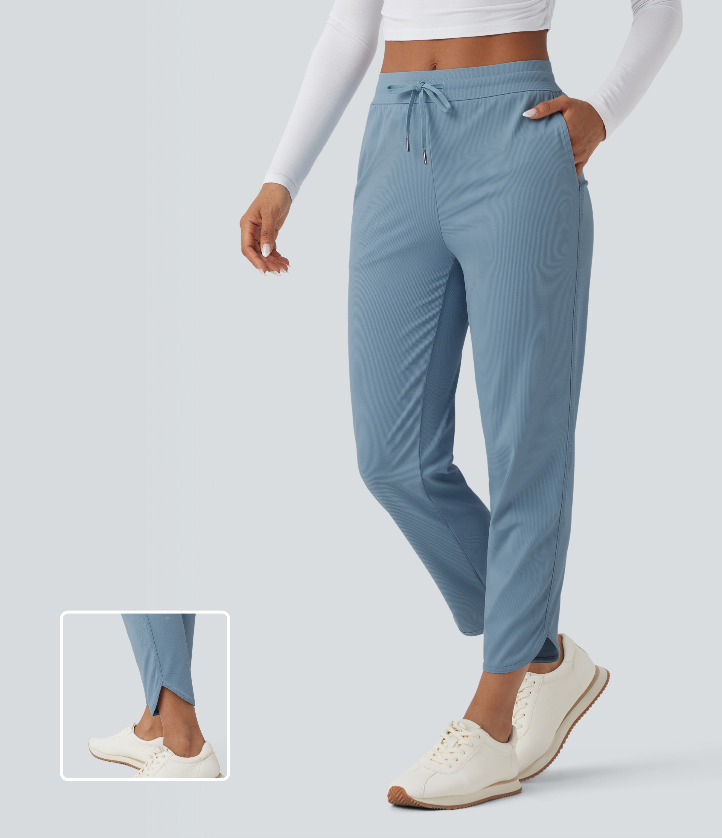 Tapered golf pants, mid-rise waist, drawstring, curved hem, quick-drying, with pockets—UPF40+