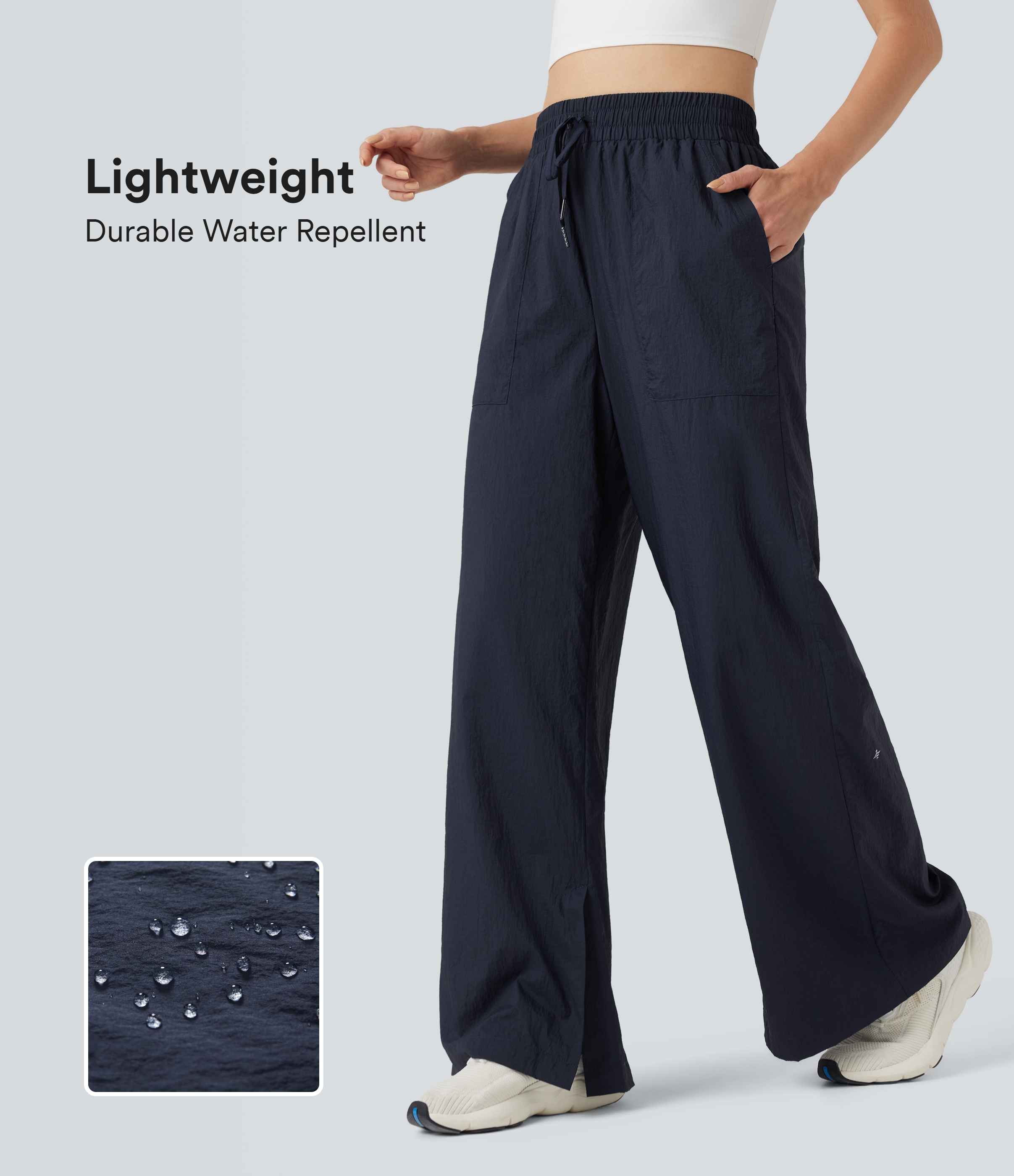 Lightweight Durable Water Repellent High Waisted Drawstring Split Wide Leg Yoga Pants with Pockets